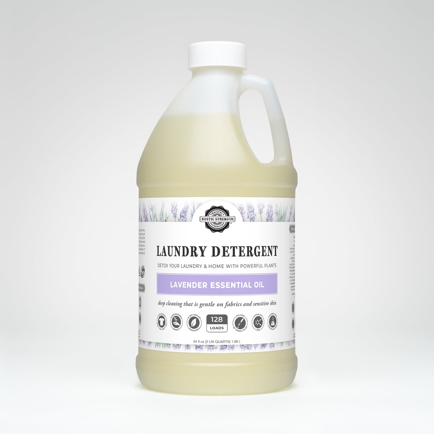 Rustic Strength lavender laundry detergent in a 24 oz glass bottle, showcasing the product's label and lavender scent.