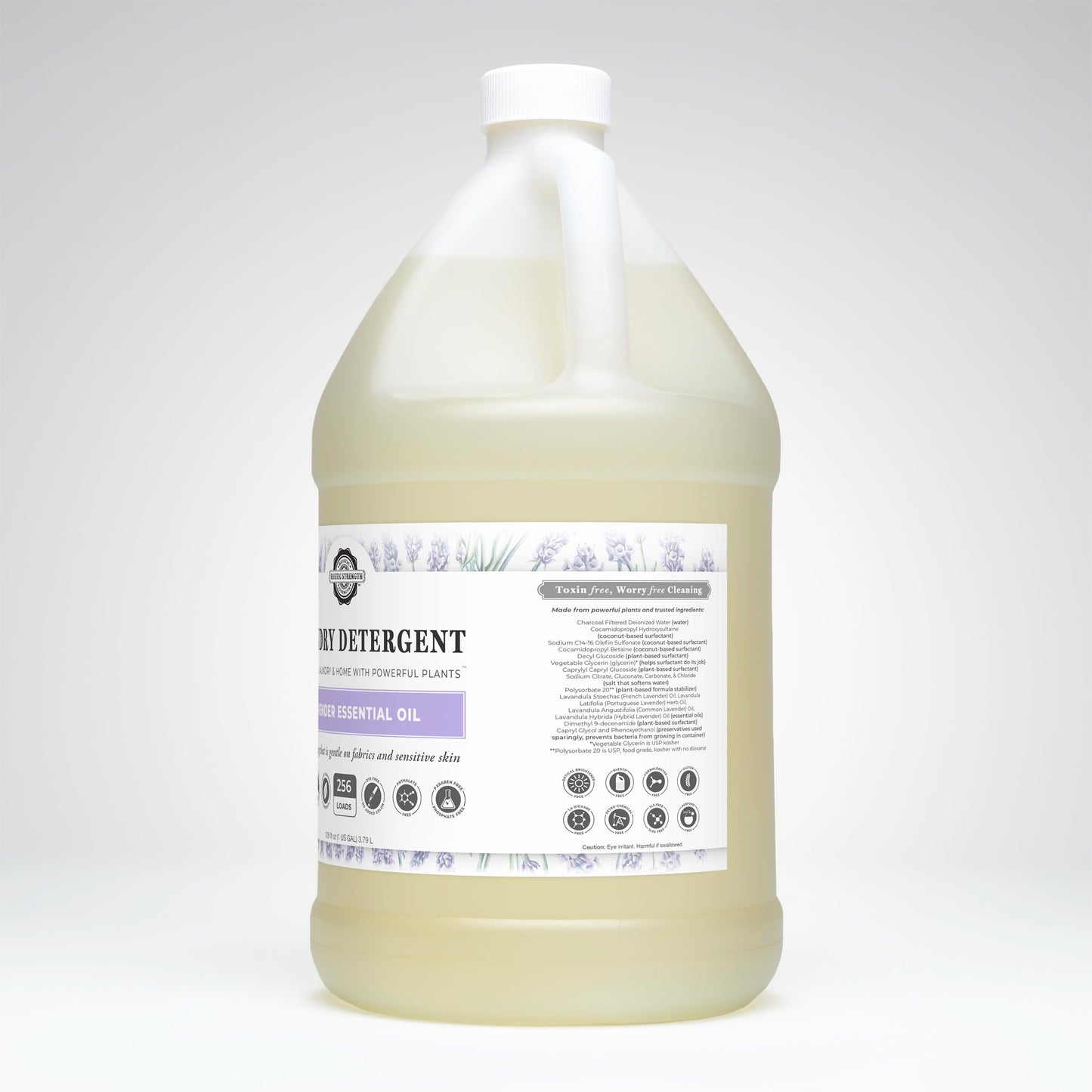 Rustic Strength lavender laundry detergent in a 24 oz glass bottle, showing the product label and lavender scent.
