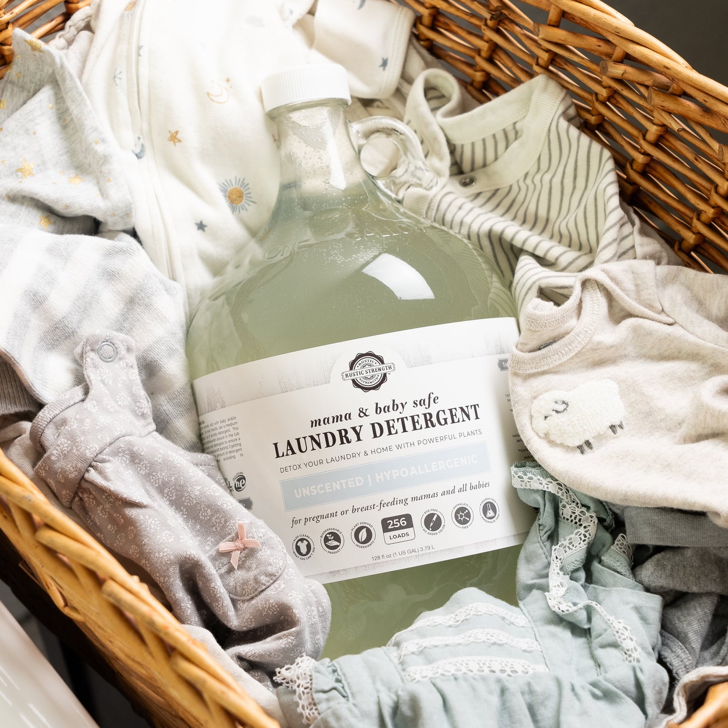 A large bottle of Rustic Strength Laundry Detergent | Mama + Baby Safe, unscented and gentle for sensitive skin, sits in a wicker basket with soft pastel baby clothes and blankets.