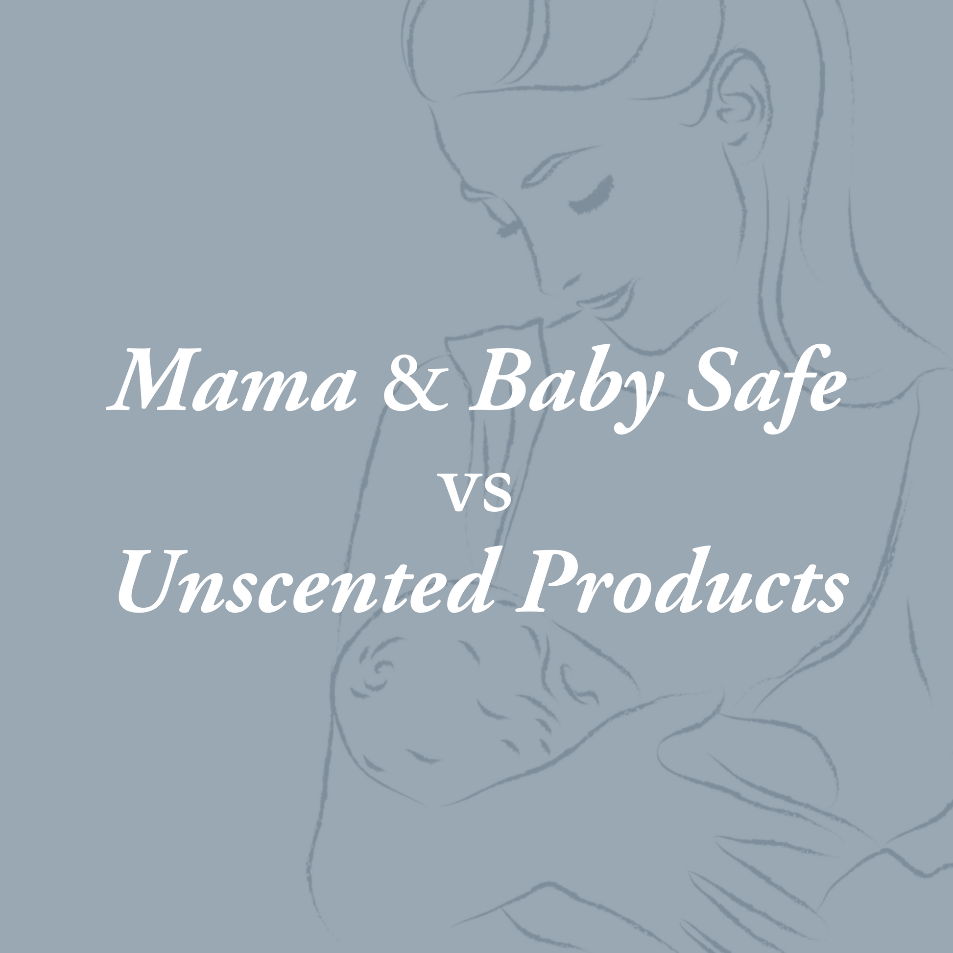 Line drawing of a mother holding a baby with the text “Rustic Strength Laundry Detergent | Mama + Baby Safe” in white over a soft blue background, highlighting hypoallergenic and safe laundry options for families.