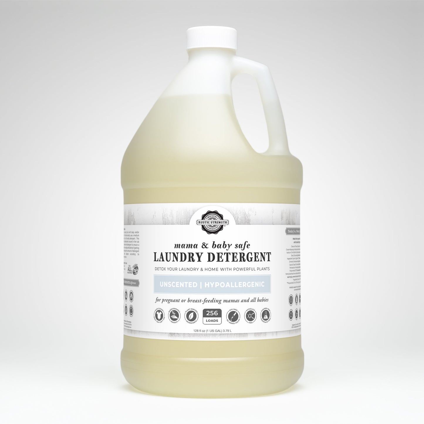 A large white jug of Rustic Strength Laundry Detergent | Mama + Baby Safe sits against a plain background. The unscented, hypoallergenic detergent has a handle, screw cap, and is suitable for 256 loads.