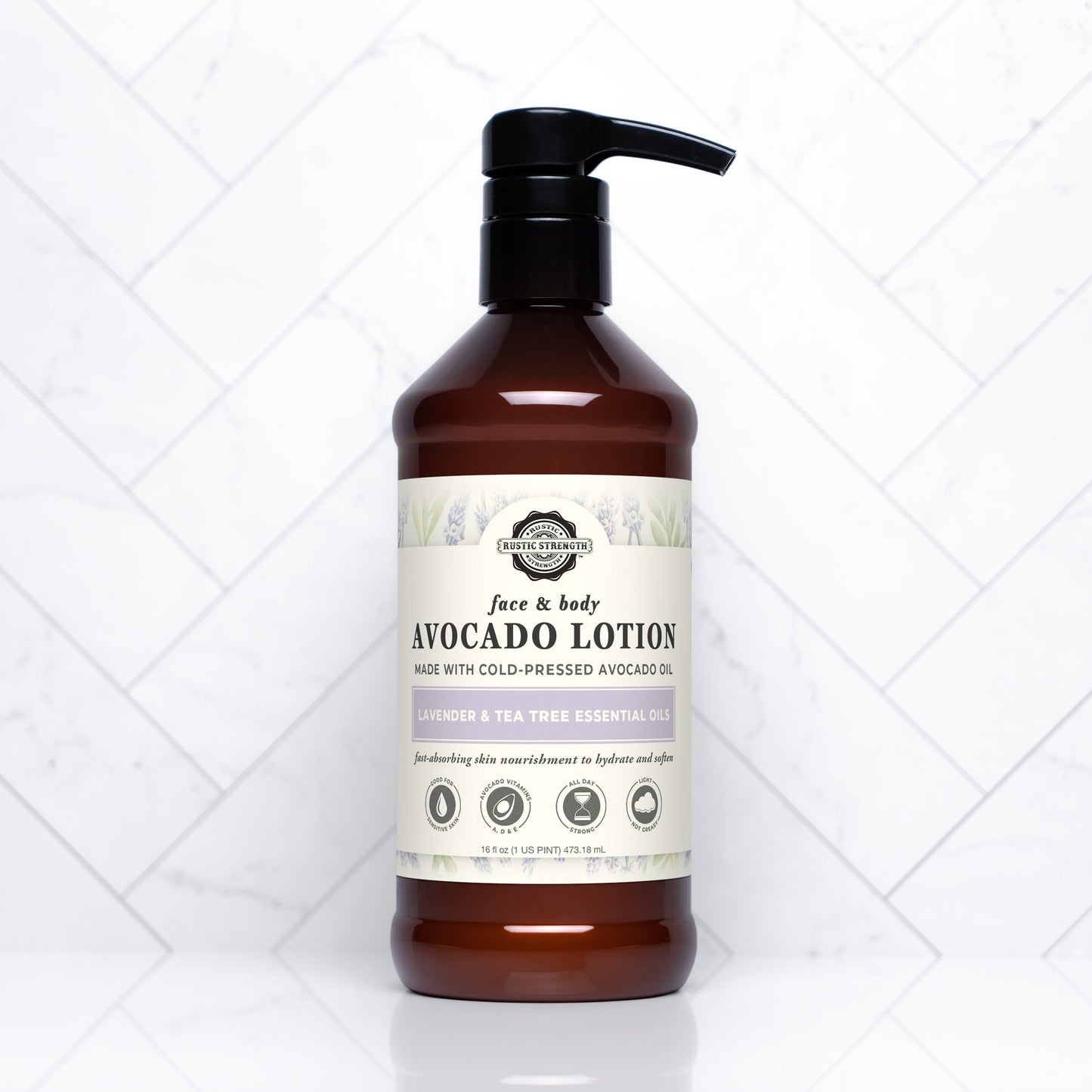 Rustic Strength Avocado Lotion with lavender and tea tree, 16 oz bottle showing the creamy lotion in a natural setting.