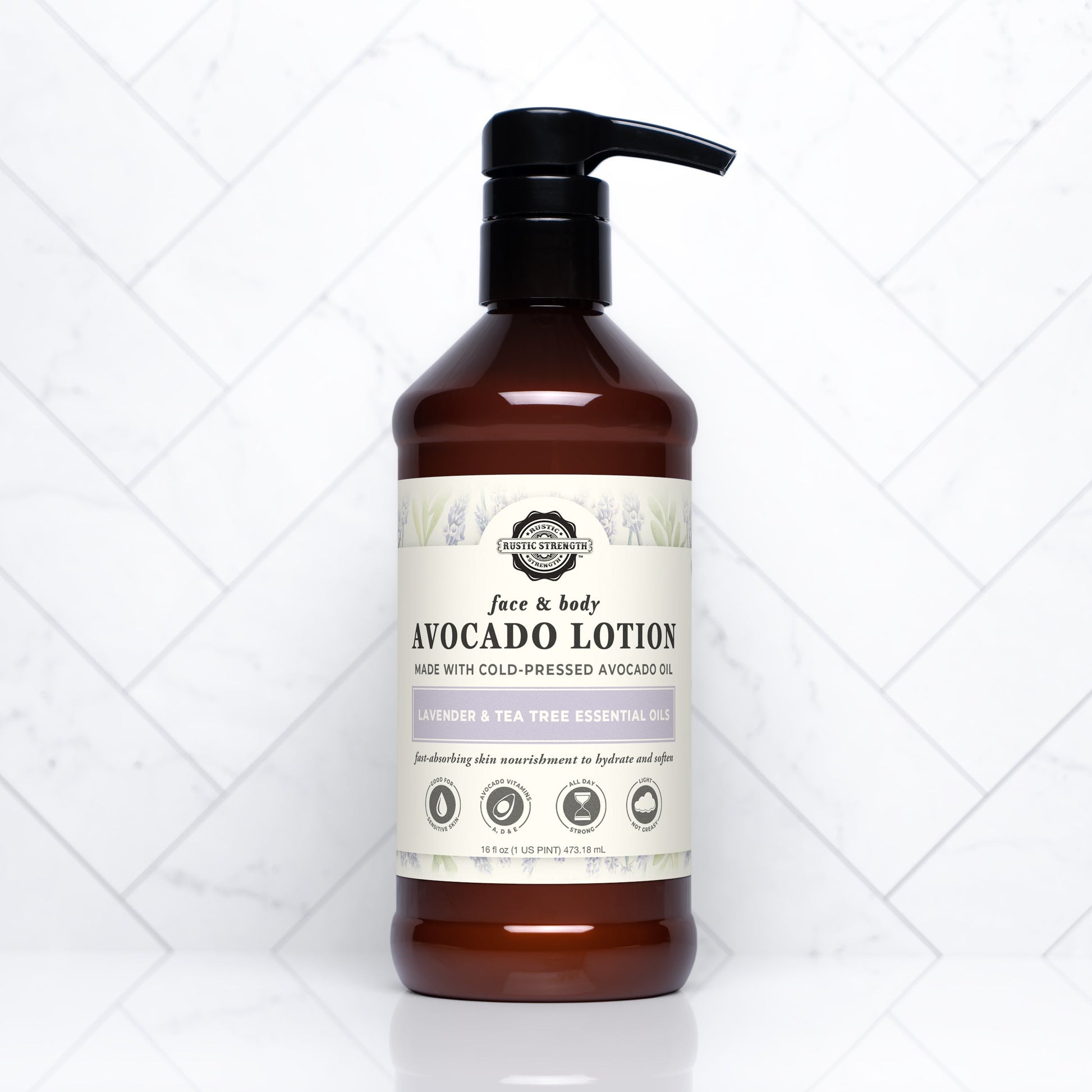 Rustic Strength Avocado Lotion with lavender and tea tree, 16 oz bottle showing the creamy lotion in a natural setting.