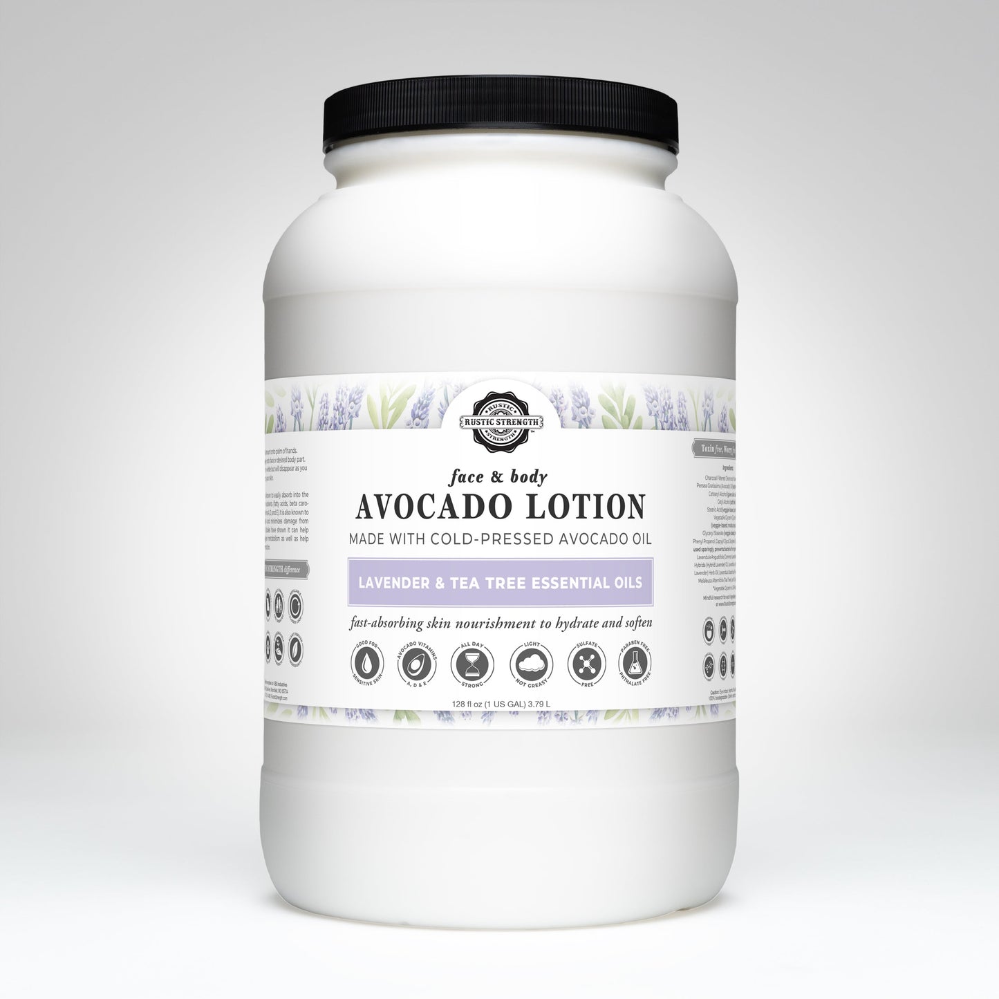 Rustic Strength Avocado Lotion with lavender and tea tree oil, shown in a 16 oz bottle with soothing ingredients and natural packaging.