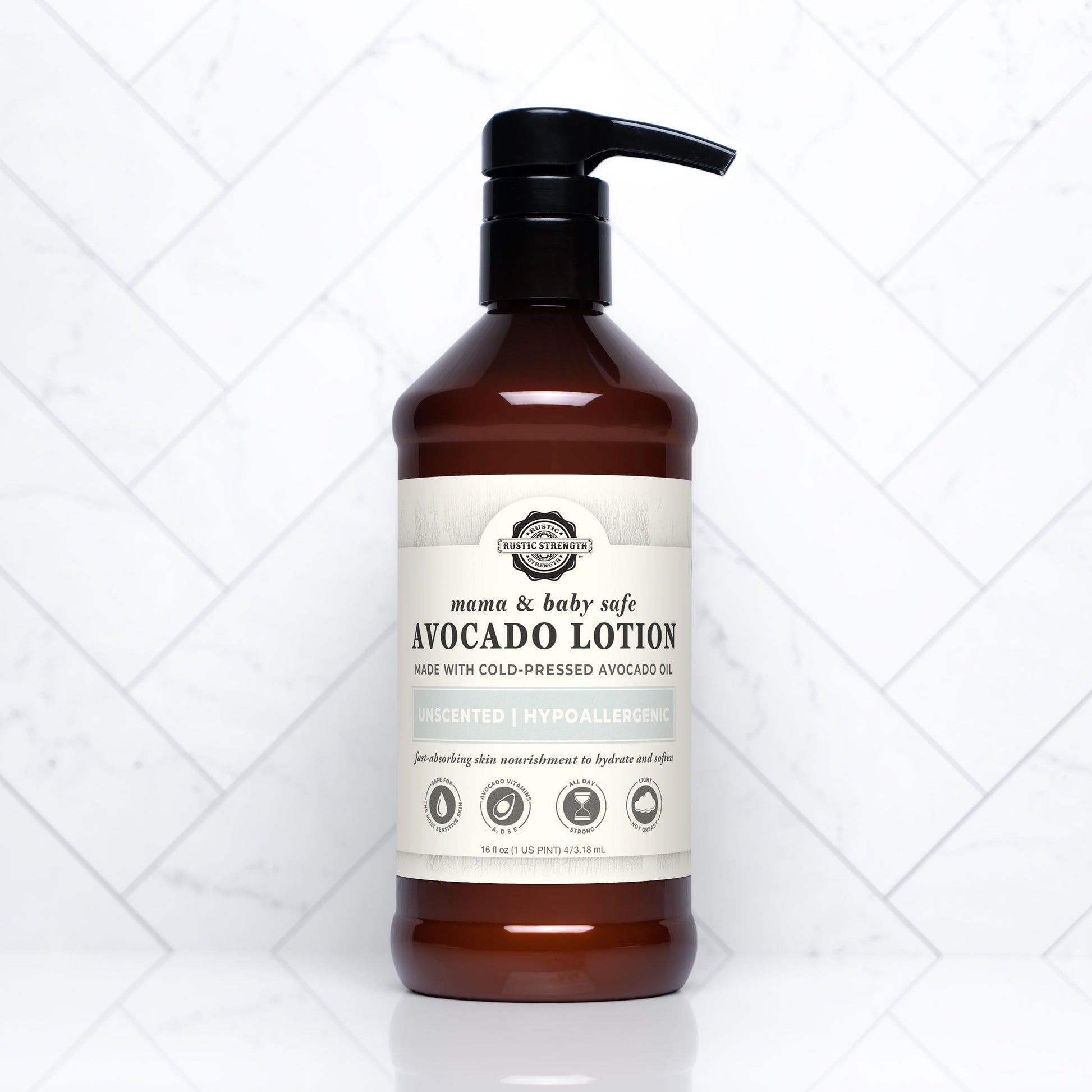 Rustic Strength Avocado Lotion in a 16 oz bottle, gentle and safe for mama and baby, with a soothing creamy texture.