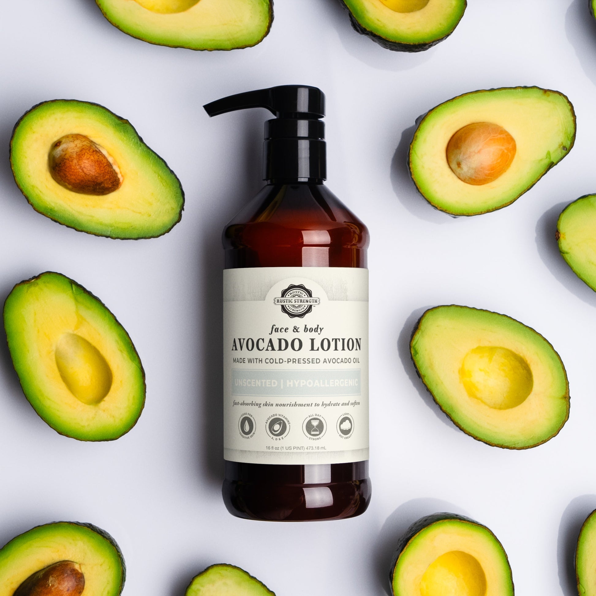 Rustic Strength Avocado Lotion in 16 oz bottle, safe for mama and baby, creamy and soothing for sensitive skin.