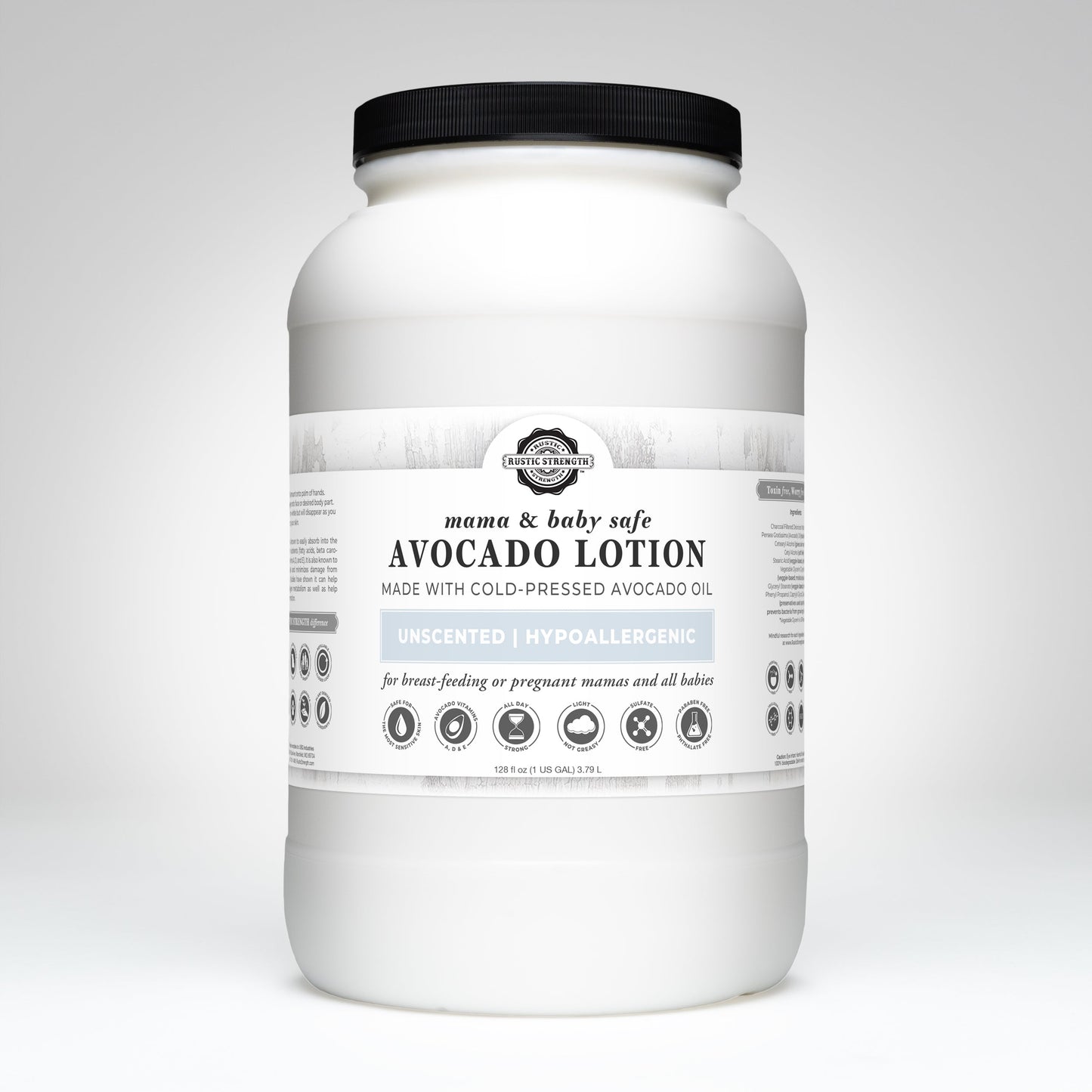 Rustic Strength Avocado Lotion 16 oz, safe for mama and baby, creamy moisturizer in a clear plastic bottle with pump top.