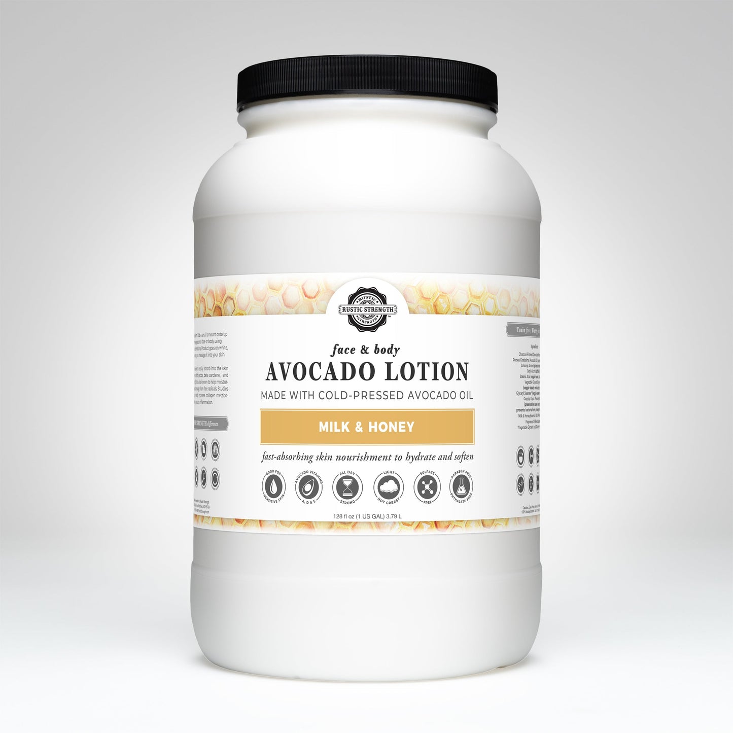 Rustic Strength Avocado Lotion with Milk & Honey in a 16 oz bottle, featuring creamy texture and natural ingredients.