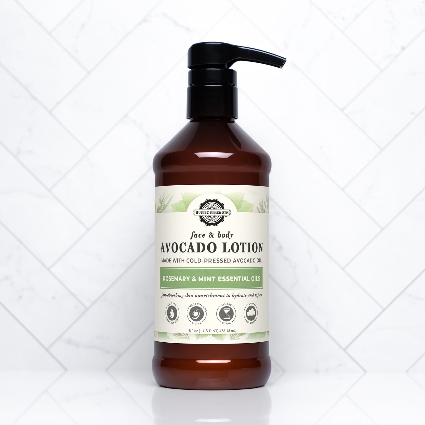 Rustic Strength Avocado Lotion with Rosemary and Mint, 16 oz, creamy moisturizer in a white bottle with green accents.