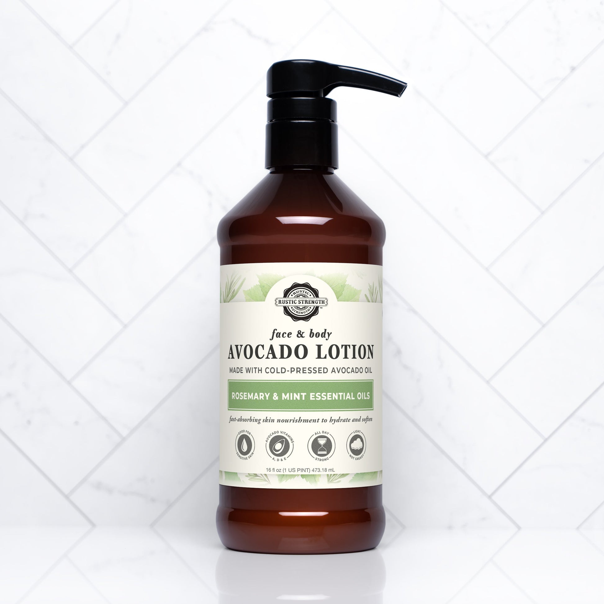 Rustic Strength Avocado Lotion with Rosemary and Mint, 16 oz, creamy moisturizer in a white bottle with green accents.