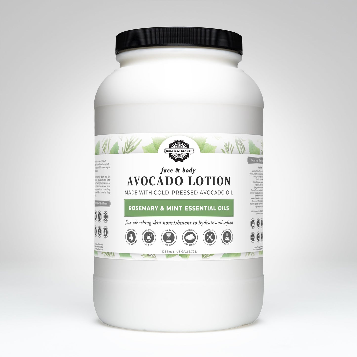 Rustic Strength Avocado Lotion with rosemary and mint, 16 oz bottle, moisturizing cream for soft, refreshed skin