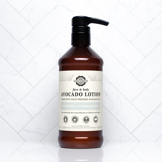 Rustic Strength Unscented Avocado Lotion in a 16 oz bottle, showing the creamy, nourishing lotion with a pump dispenser.
