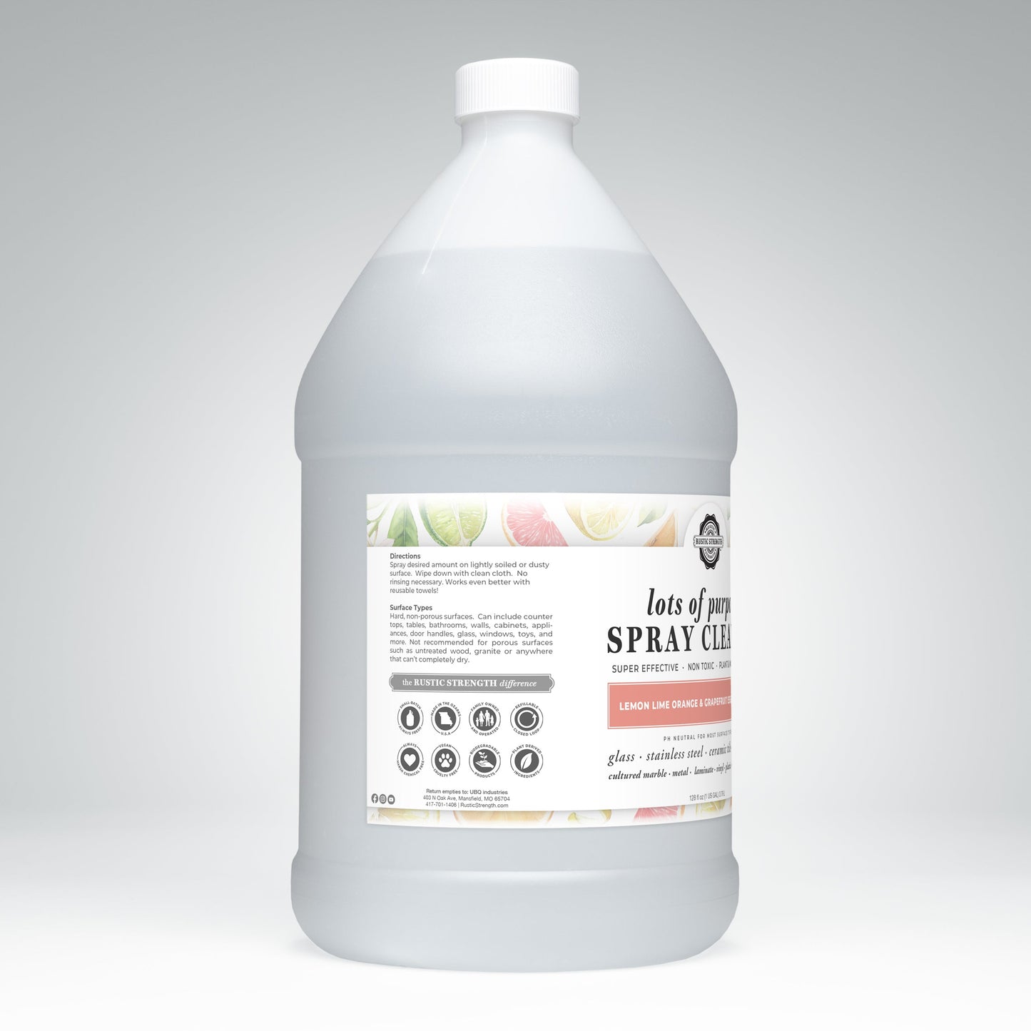 Rustic Strength multi-purpose spray cleaner in 16 oz bottle with lemon, lime, orange, and grapefruit scents.