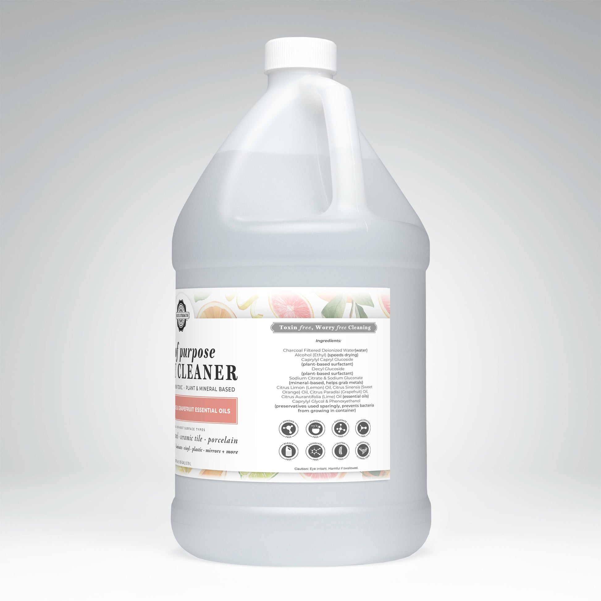 Rustic Strength 16 oz multi-purpose spray cleaner with lemon, lime, orange, and grapefruit for versatile surface cleaning.