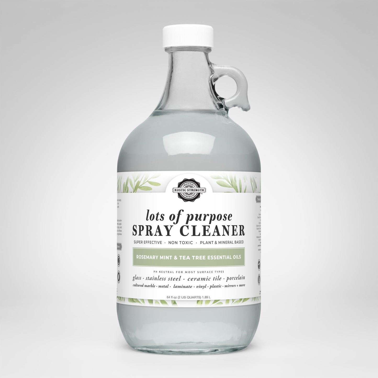 Rustic Strength multi-purpose spray cleaner with rosemary, mint, and tea tree for versatile cleaning in a 16 oz bottle.
