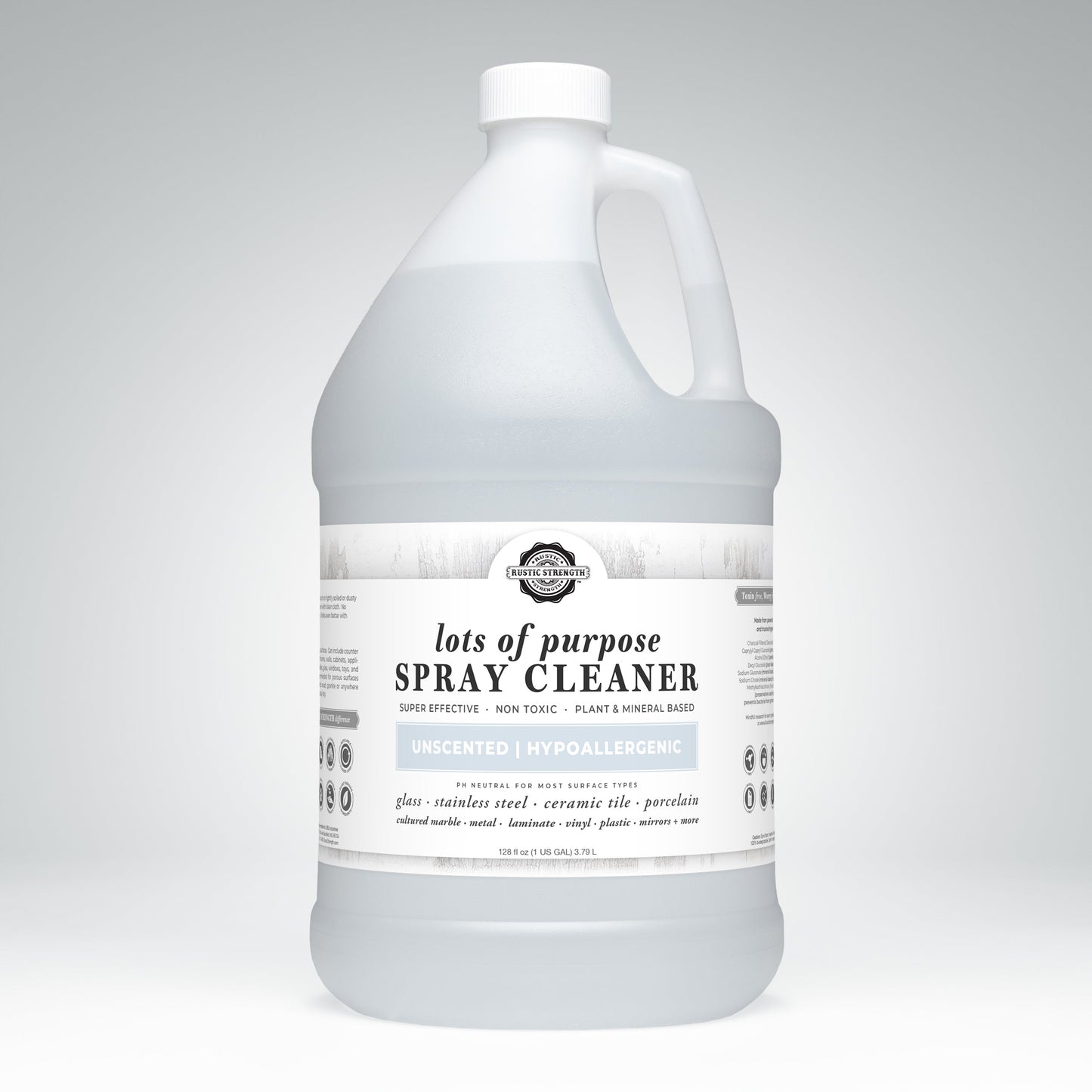 Rustic Strength Lots of Purpose Spray Cleaner in 16 oz bottle, unscented multi-purpose cleaning spray with spray nozzle.