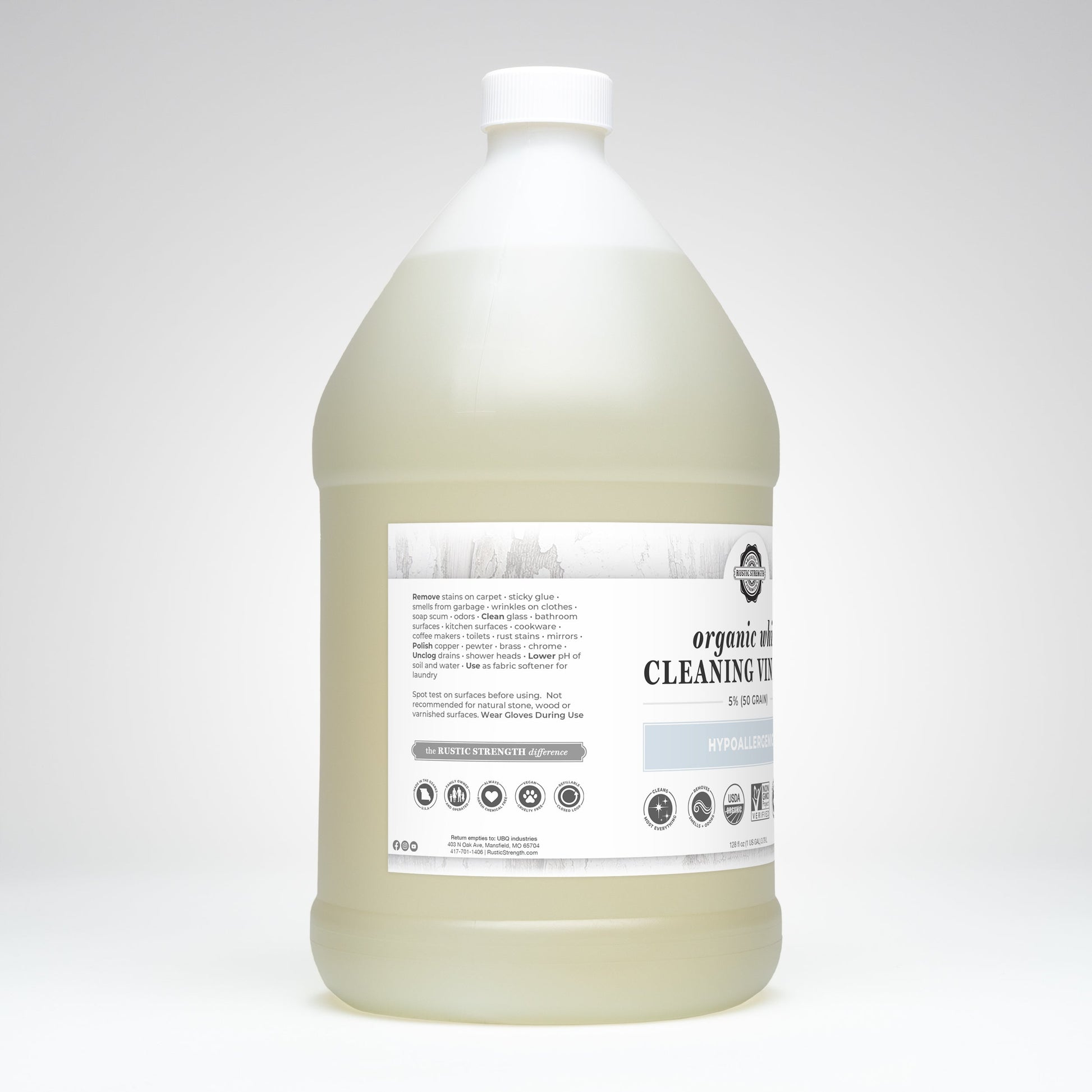 Rustic Strength Organic White Cleaning Vinegar 16 oz spray bottle, multi-purpose cleaner, 5% acidity, 50 grain for household use