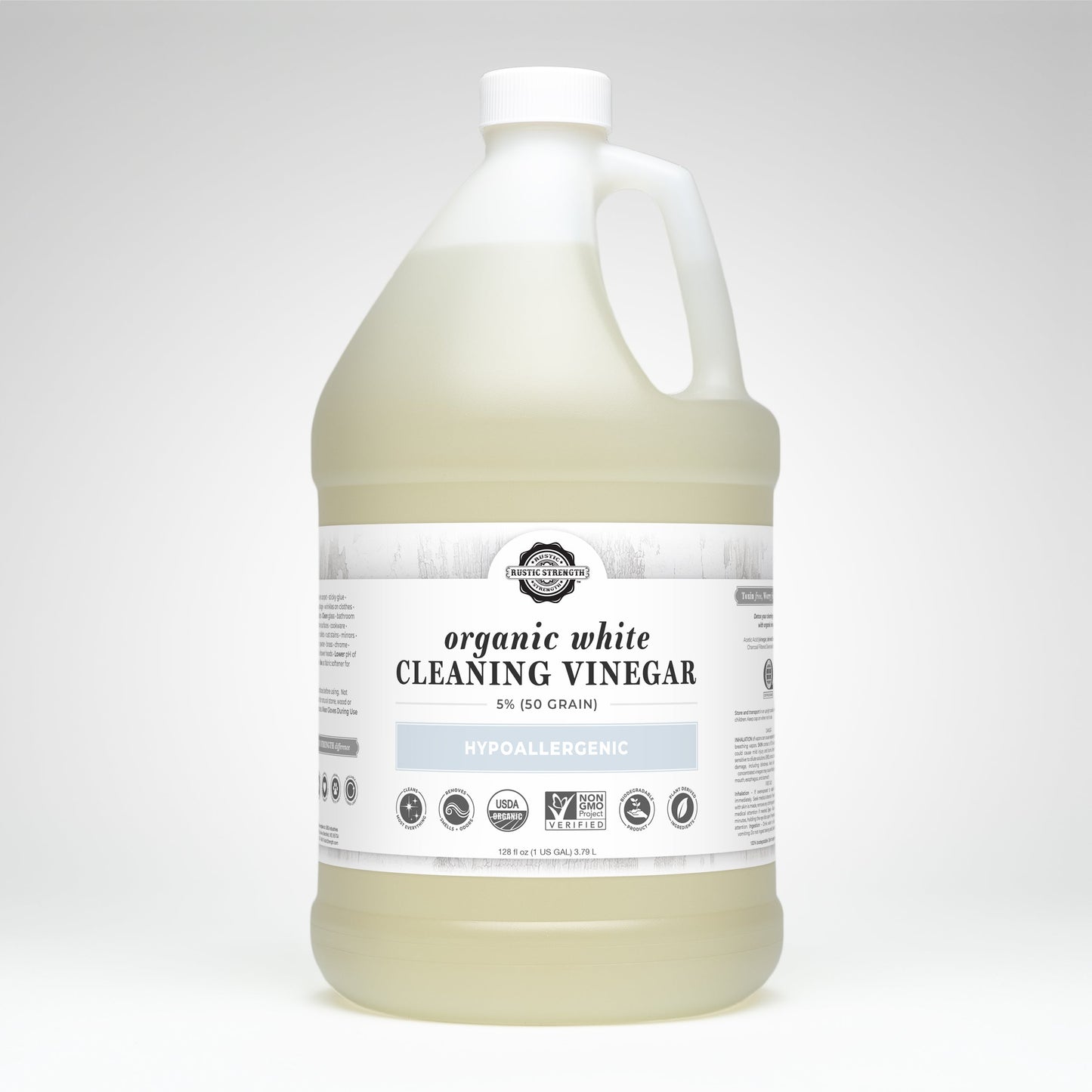 Rustic Strength Organic White Cleaning Vinegar | 5% (50 grain) is a hypoallergenic, biodegradable, non-GMO cleaner in a large gallon jug with white cap; the liquid inside is clear to slightly cloudy and designed for cleaning.
