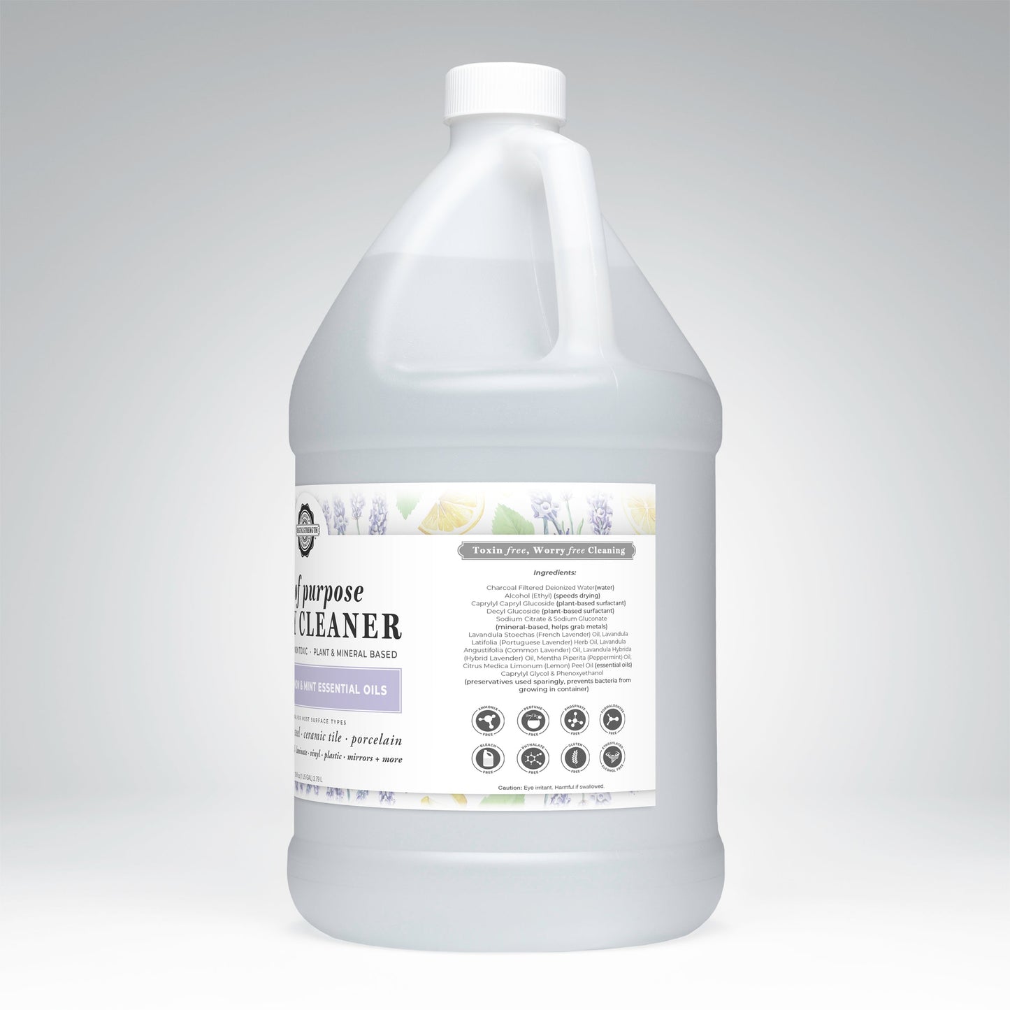 Rustic Strength Lots of Purpose Spray Cleaner in Lavender, Lemon & Mint comes in a large white gallon jug with handle and cap. This toxin-free, pH-balanced cleaner features plant-based and essential oil ingredients for safe cleaning.