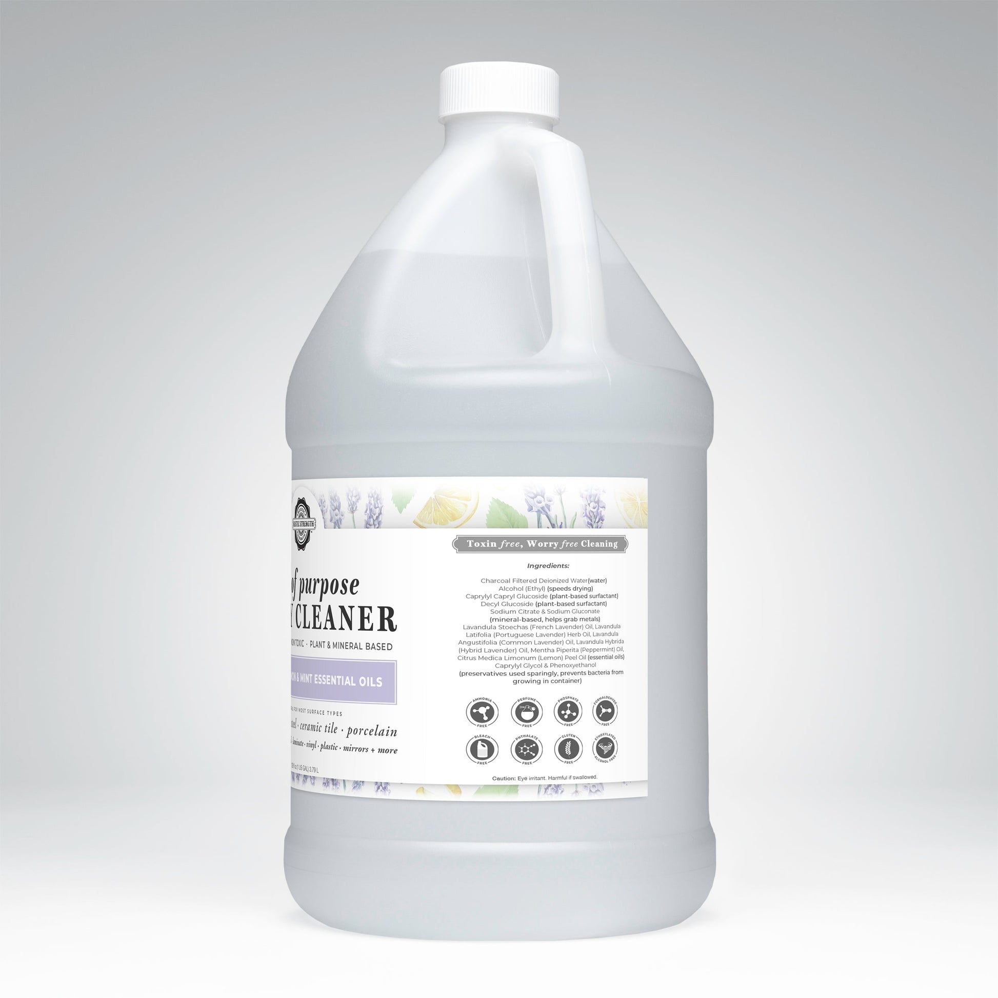 Rustic Strength Lots of Purpose Spray Cleaner in Lavender, Lemon & Mint comes in a large white gallon jug with handle and cap. This toxin-free, pH-balanced cleaner features plant-based and essential oil ingredients for safe cleaning.