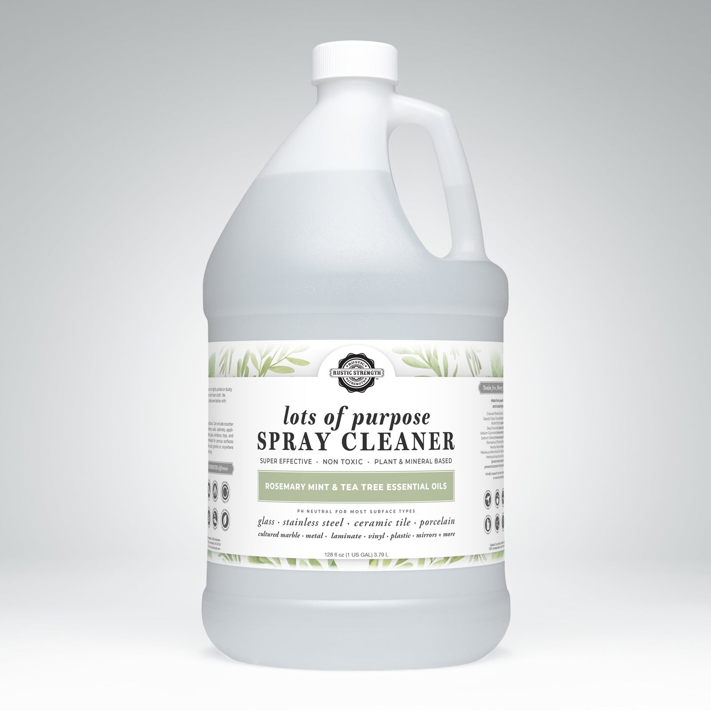 A clear plastic gallon jug of Rustic Strengths Lots of Purpose Spray Cleaner features plant graphics and highlights a toxin-free, plant- and mineral-based formula with rosemary, mint, and tea tree essential oils.