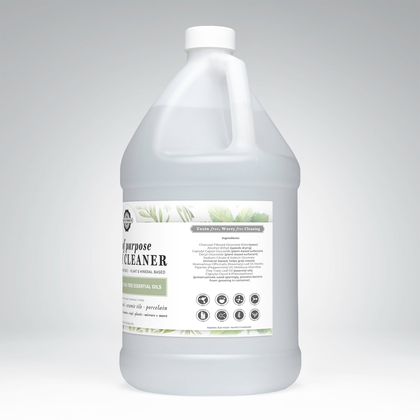 A large, translucent gallon jug of Rustic Strength Lots of Purpose Spray Cleaner in Rosemary, Mint & Tea Tree, with a white cap and label showing green leaves and icons for toxin-free, natural multi-surface cleaning.