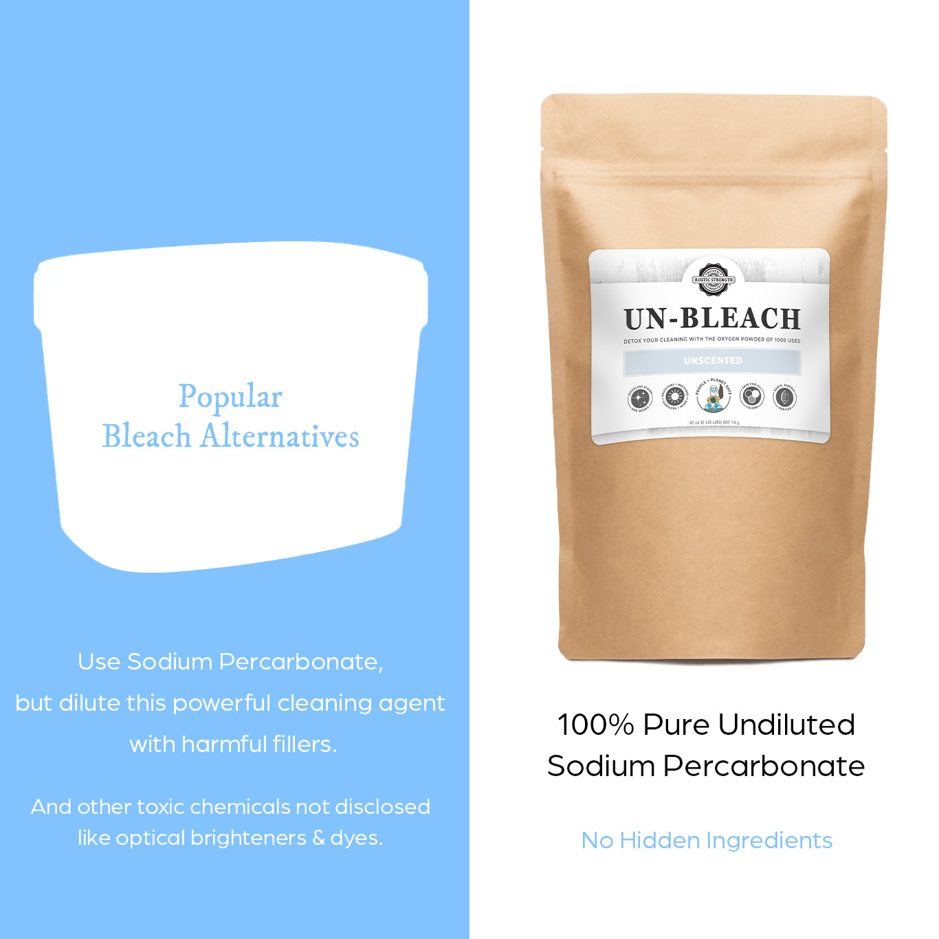 Rustic Strength Un-Bleach multi-purpose cleaner in a 2 lb container, ideal for cleaning various surfaces effectively.