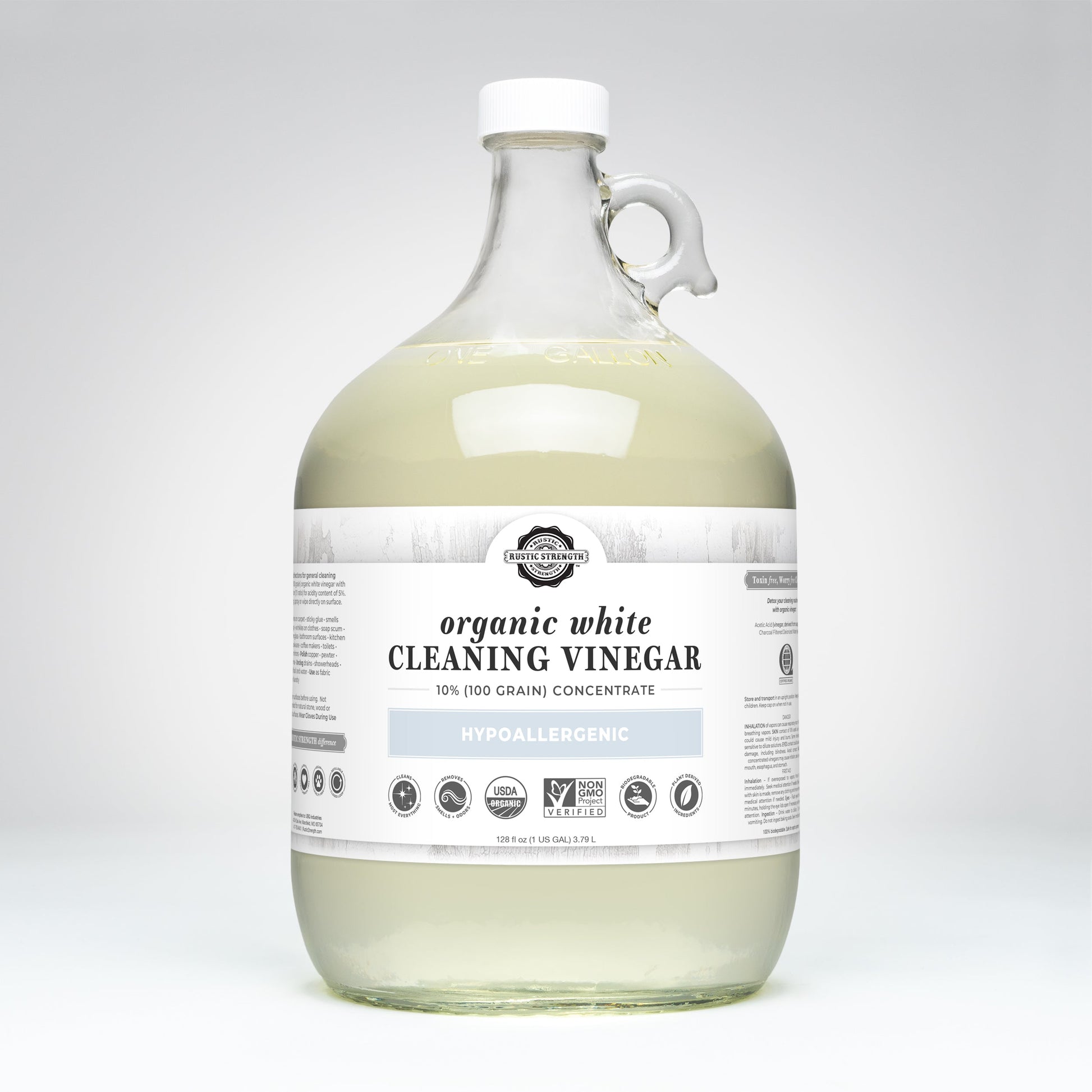 Rustic Strength Organic White Cleaning Vinegar Concentrate, 10%, multi-purpose cleaner in half-gallon bottle