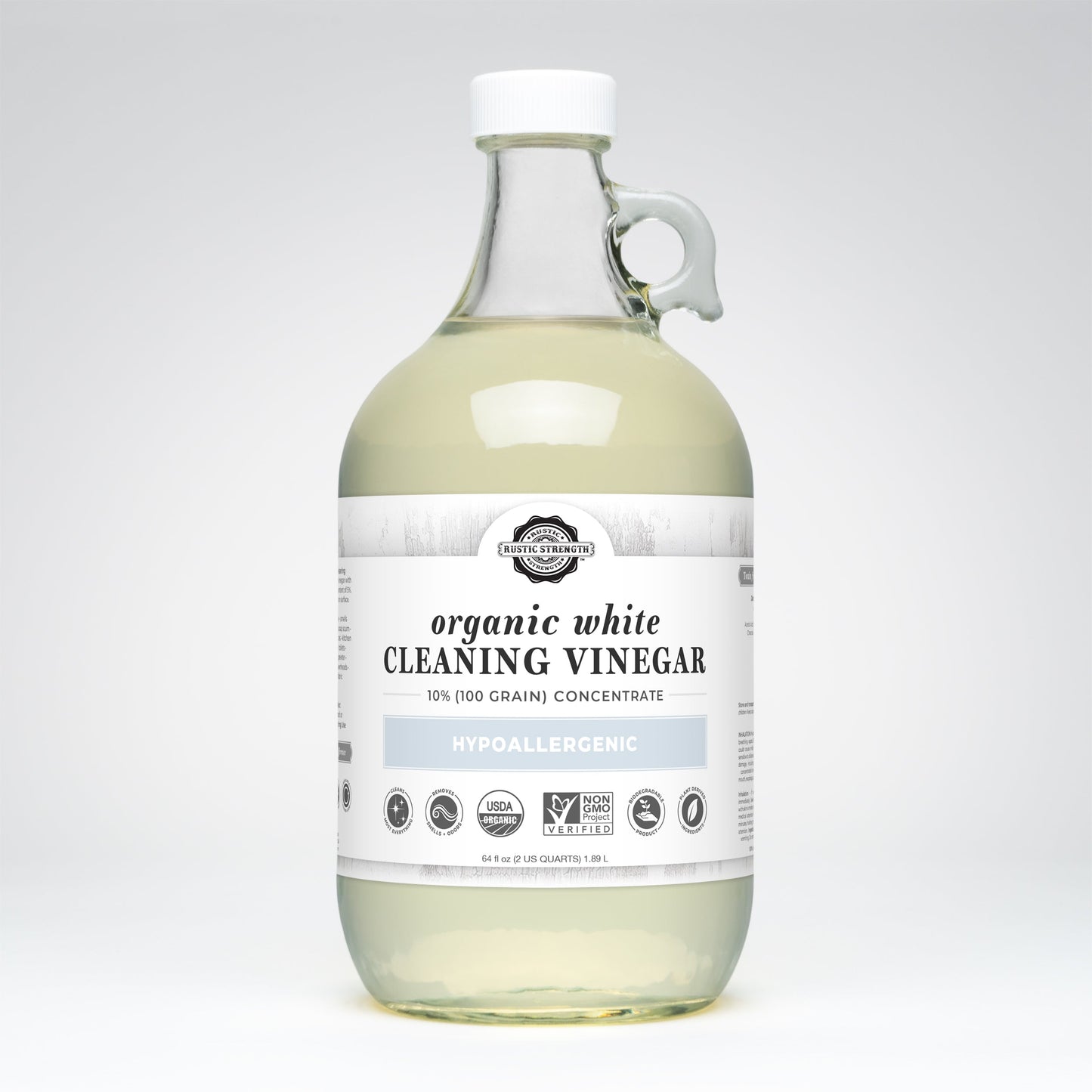 Rustic Strength Organic White Cleaning Vinegar Concentrate, 10%, multi-purpose cleaner in a half-gallon bottle, used for cleaning and disinfecting.