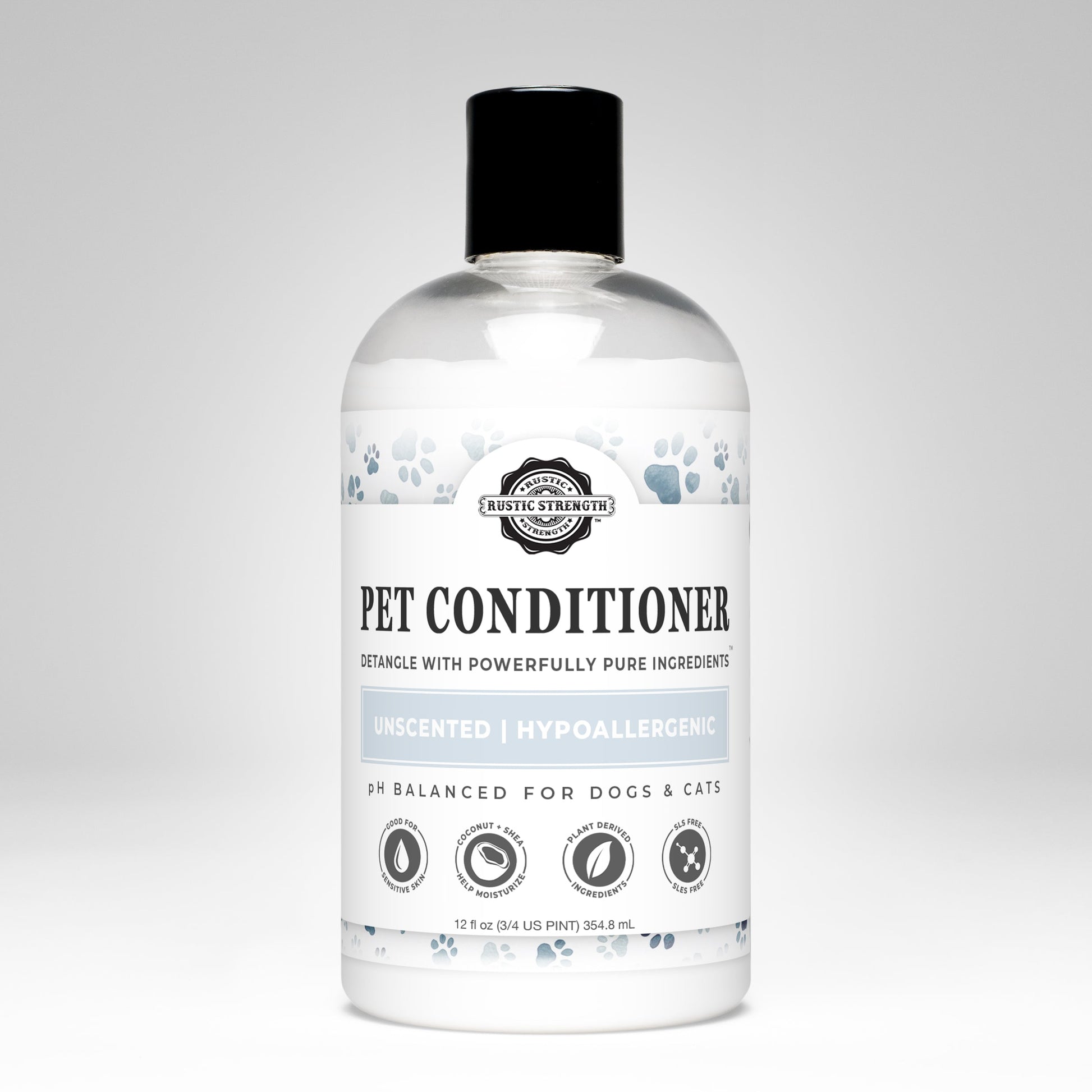 A bottle of Rustic Strength Pet Conditioner | Detangling & Softening | Unscented, with a black cap and blue paw prints. Hypoallergenic and pH balanced for dogs and cats, it uses coconut oil and pure ingredients to detangle fur.