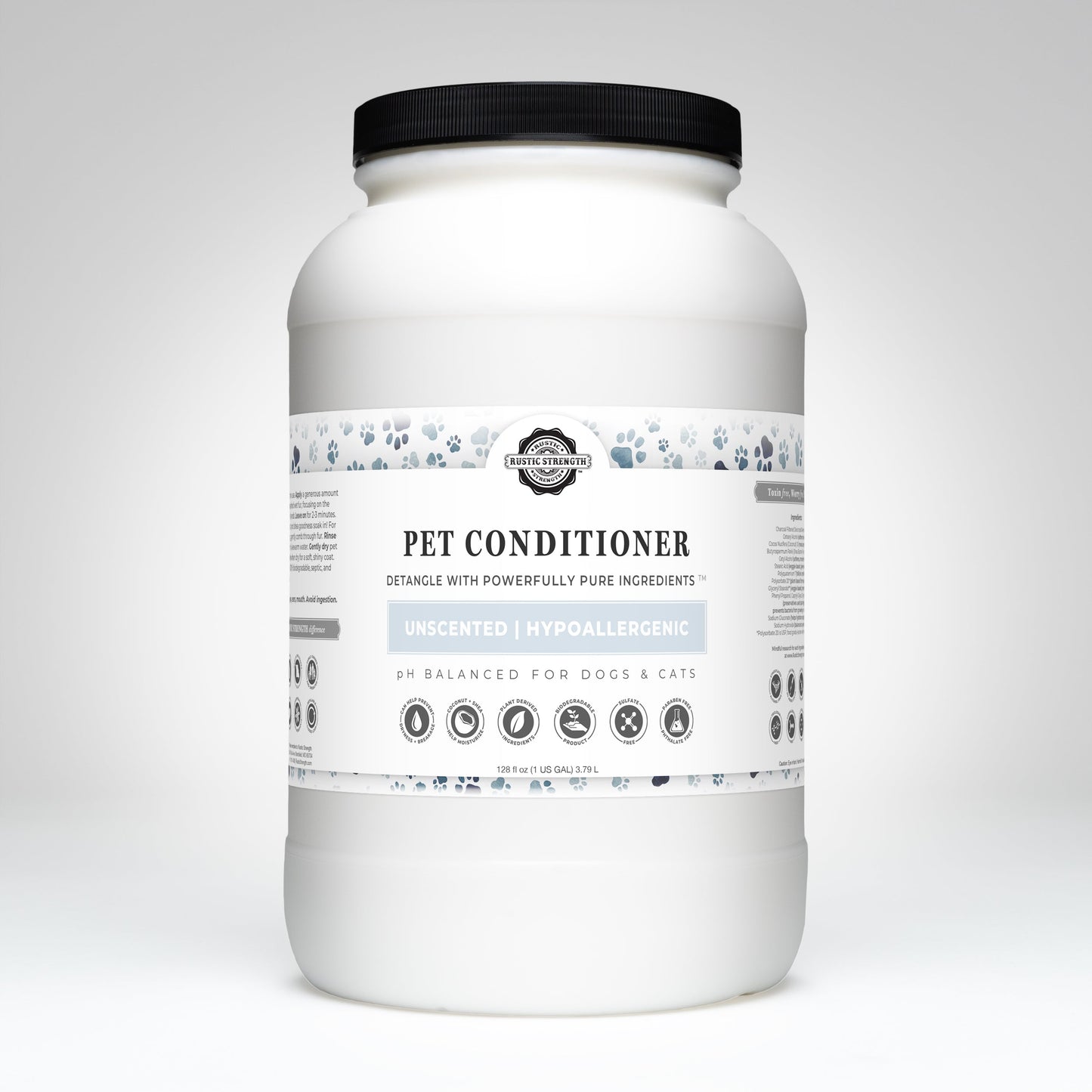 A large white container labeled Rustic Strength Pet Conditioner | Detangling & Softening | Unscented, non-toxic, hypoallergenic, pH balanced for dogs and cats, with paw prints and pet care icons on the label.