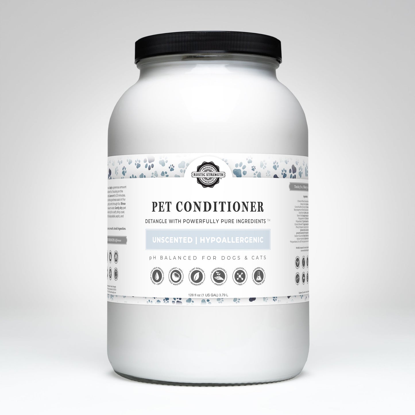 A large white Rustic Strength Pet Conditioner container with a black lid features a label reading Detangling & Softening, Unscented; hypoallergenic, non-toxic, pH balanced, and enriched with coconut oil for dogs and cats.