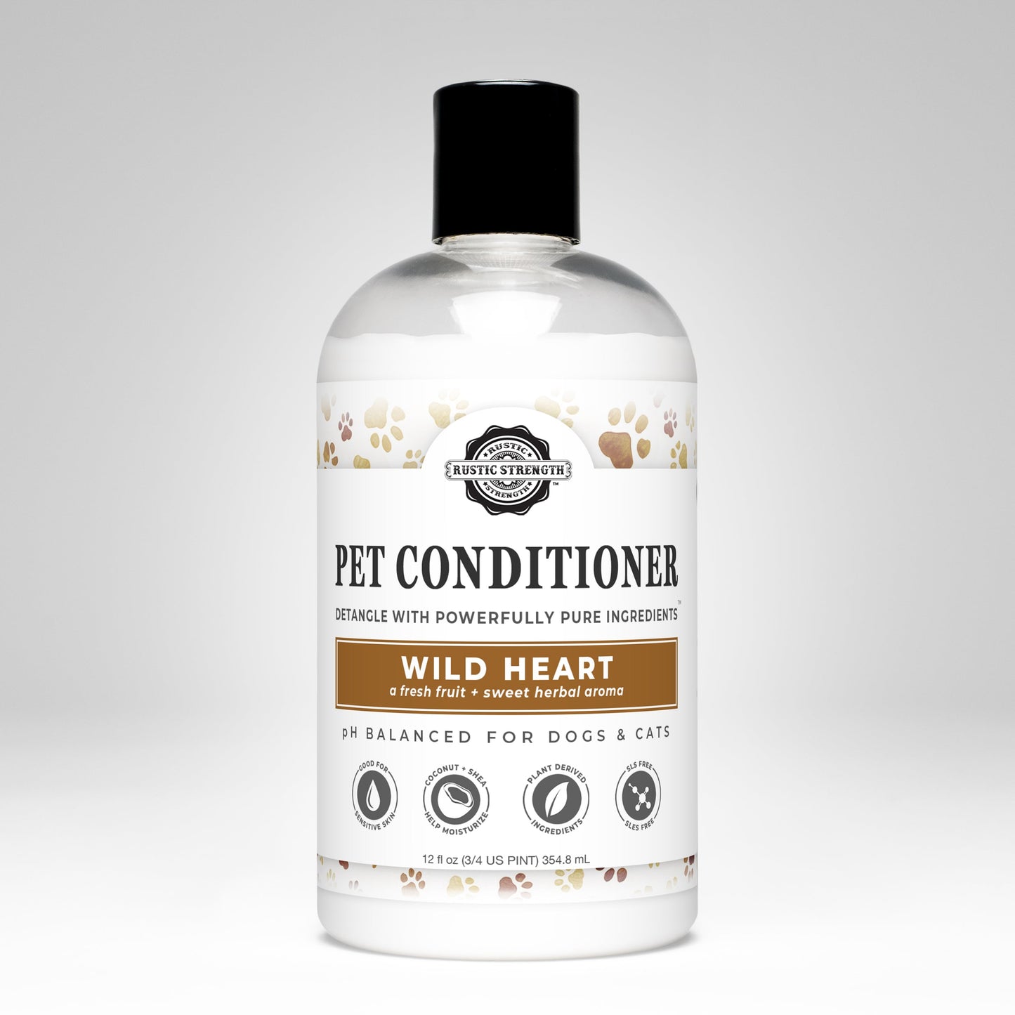 A clear bottle of Rustic Strength Pet Conditioner | Detangling & Softening | Wild Heart with a black cap and paw print label; non-toxic, pH balanced for dogs and cats, enriched with coconut oil and shea butter.