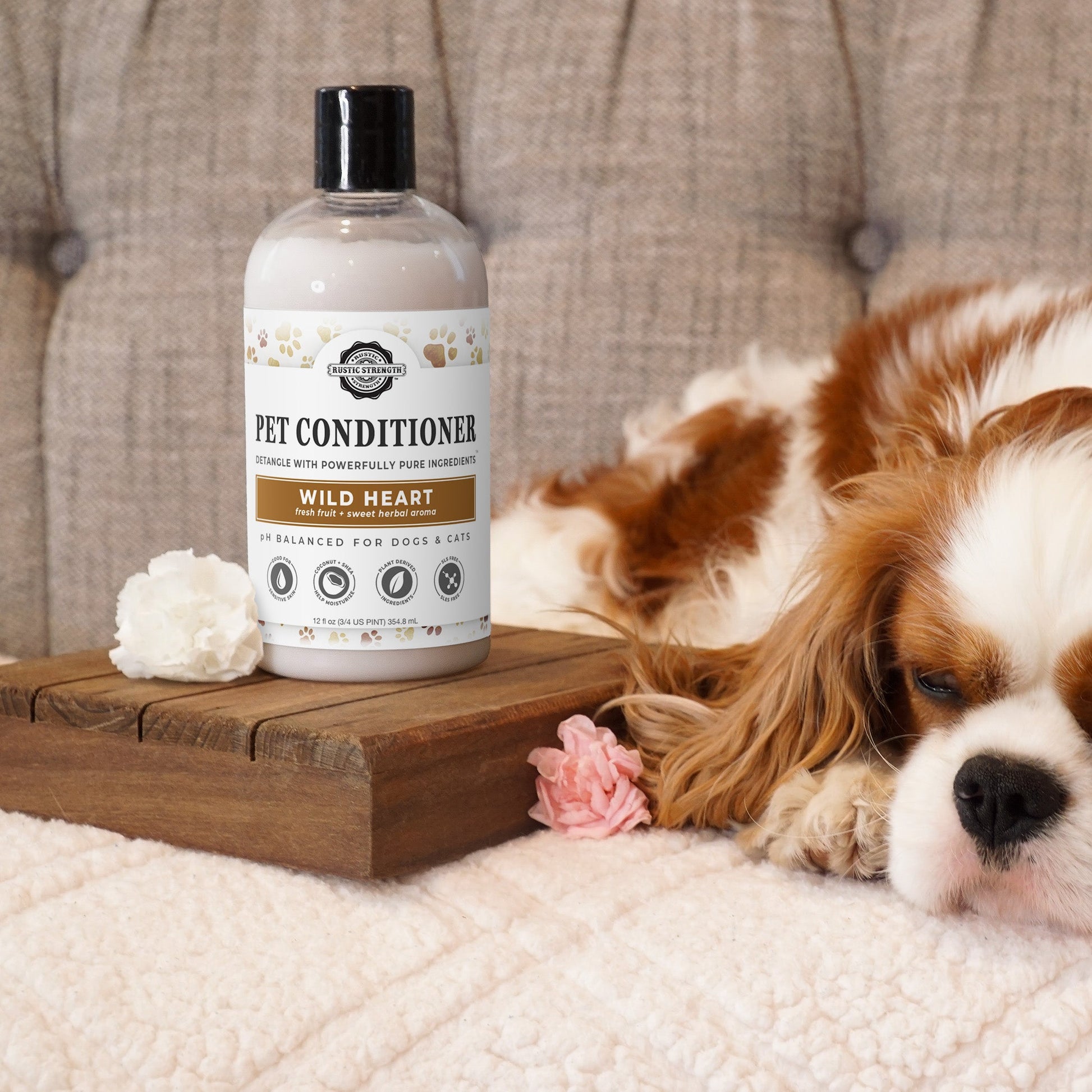A sleeping Cavalier King Charles Spaniel lies on a sofa beside a bottle of Rustic Strengths Wild Heart Pet Conditioner, Detangling & Softening, set on a wooden tray with a white flower and a pink flower nearby.