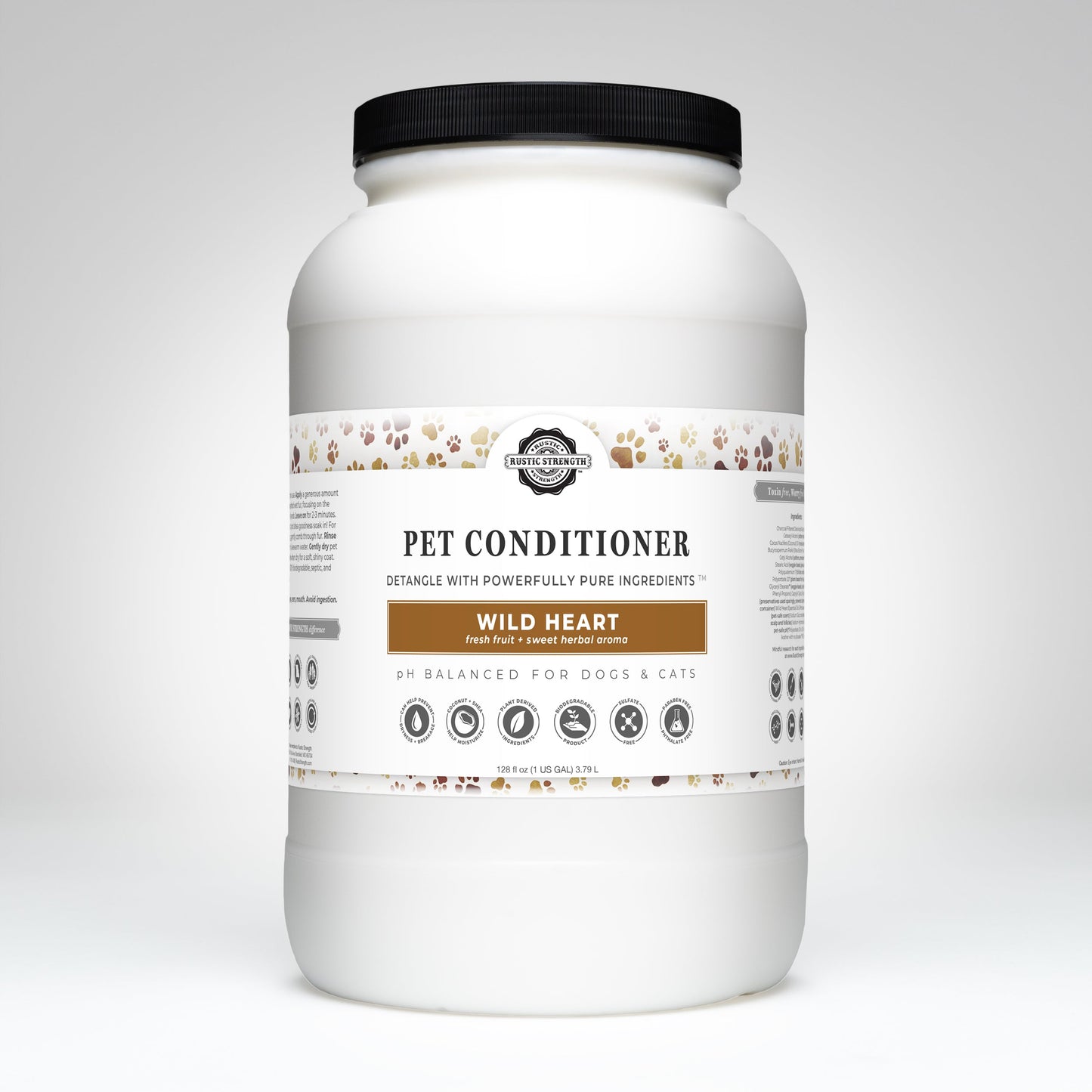 A large white Rustic Strength Pet Conditioner | Detangling & Softening | Wild Heart container for dogs and cats, non-toxic, pH balanced, with a paw print design. Made with coconut oil and shea butter for pure, gentle care.