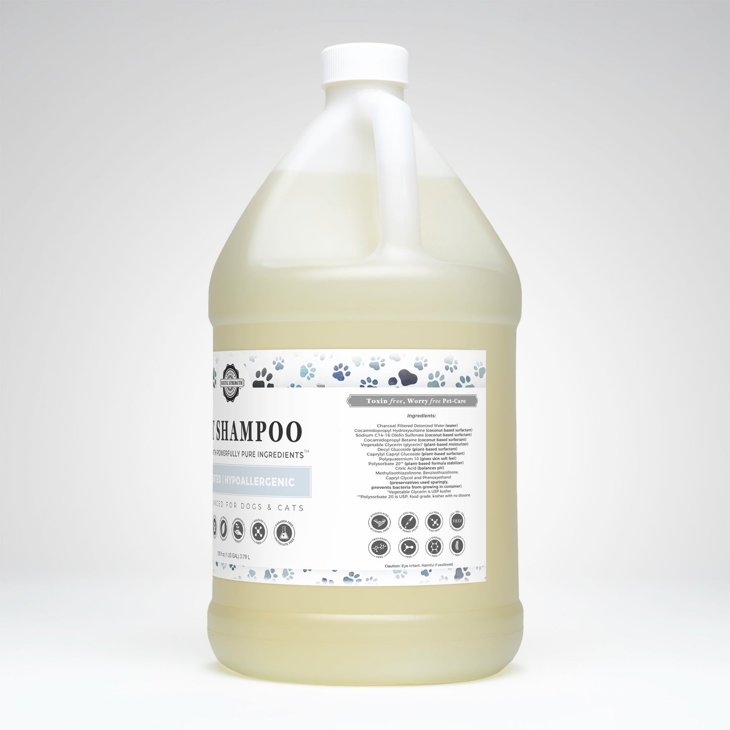 Rustic Strength’s Pet Shampoo | Soothing & Deodorizing | Unscented comes in a large gallon jug with a white cap, light yellow liquid, plant-based ingredients, and a blue-accented label with paw prints. Safe for dogs and cats. Non-toxic formula.