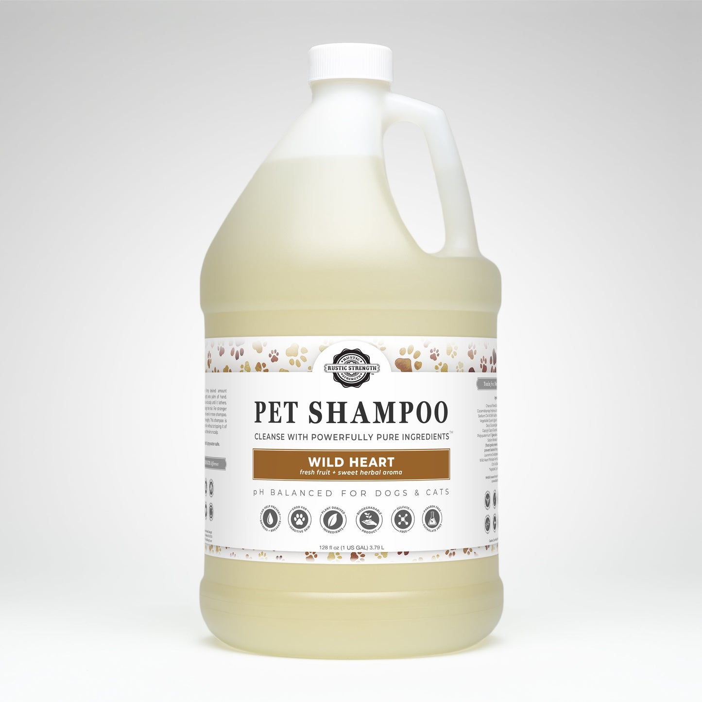 A large, clear plastic jug of Rustic Strength Wild Heart Pet Shampoo | Soothing & Deodorizing for dogs and cats, with a white label featuring paw prints and details on its pH balance, pure ingredients, and non-toxic formula.