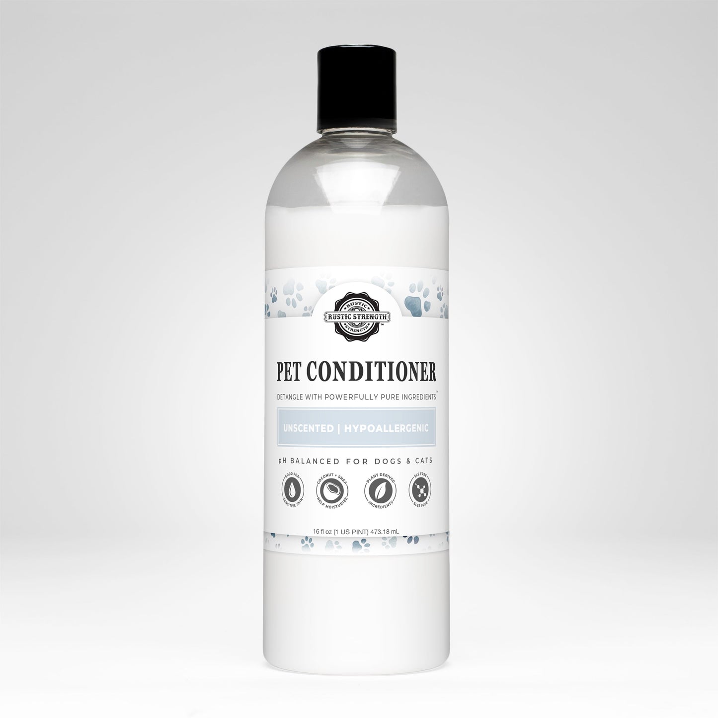 Rustic Strength Pet Conditioner in 16 oz bottle, detangling and softening for pets, unscented pet care product.