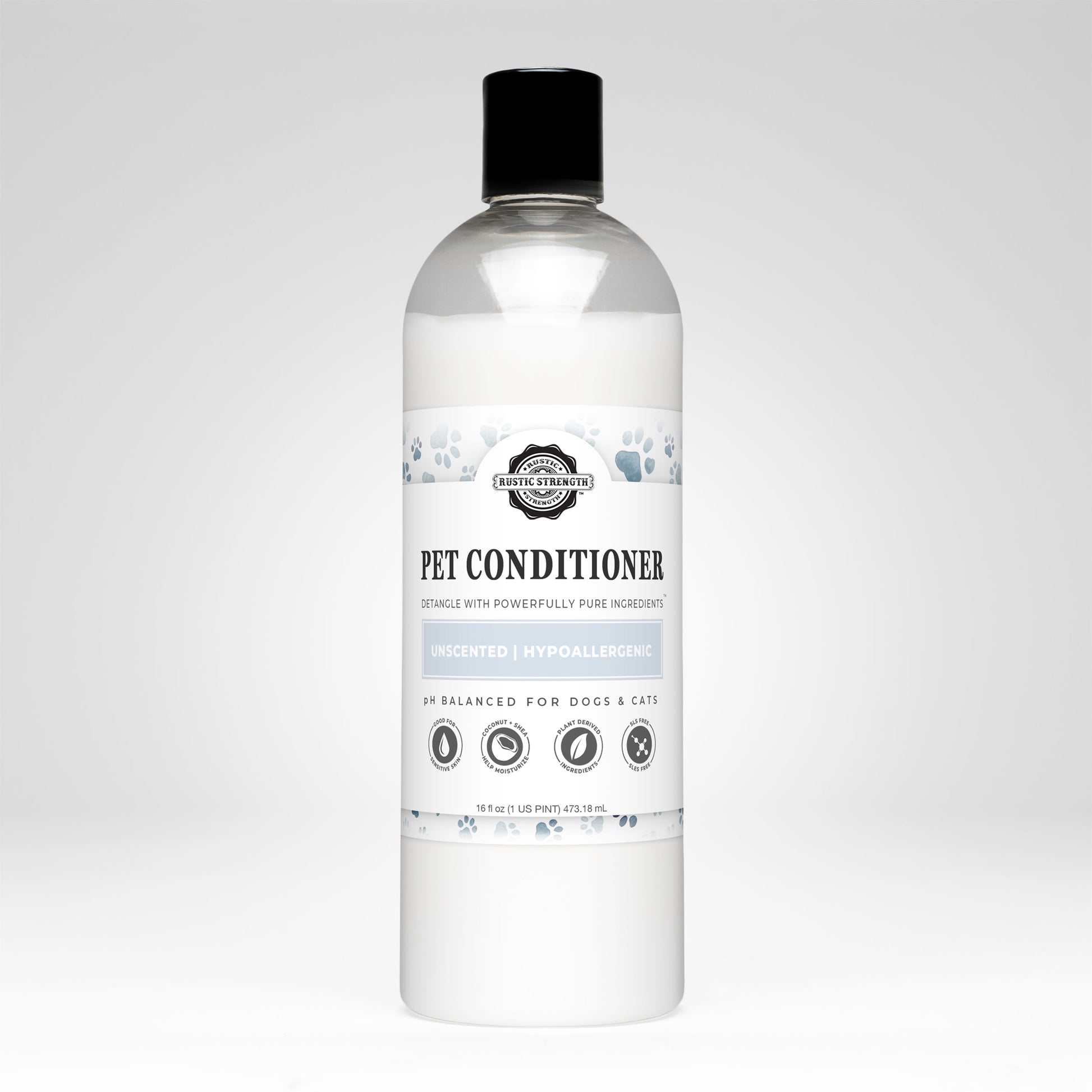 Rustic Strength Pet Conditioner in 16 oz bottle, detangling and softening for pets, unscented pet care product.