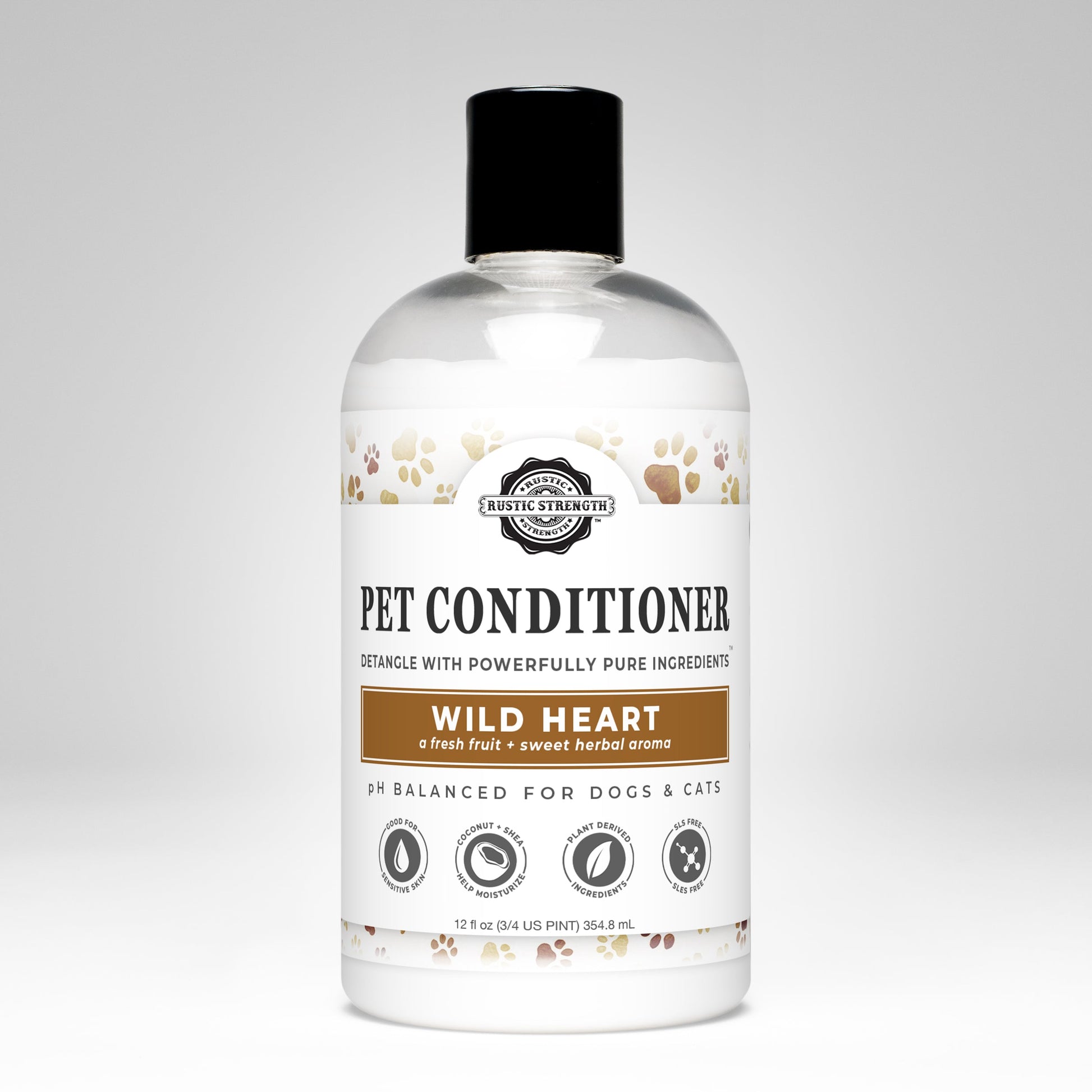 Rustic Strength Wild Heart Pet Conditioner for detangling and softening, shown in a 16 oz bottle for gentle pet care.