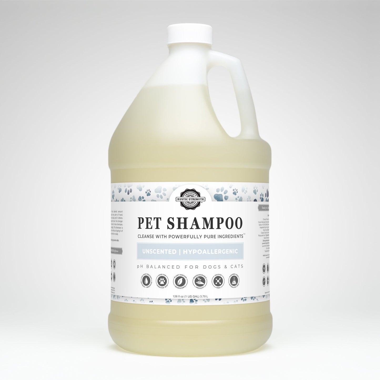 Rustic Strength unscented pet shampoo bottle, soothing and deodorizing pet care product for clean, fresh-smelling pets.