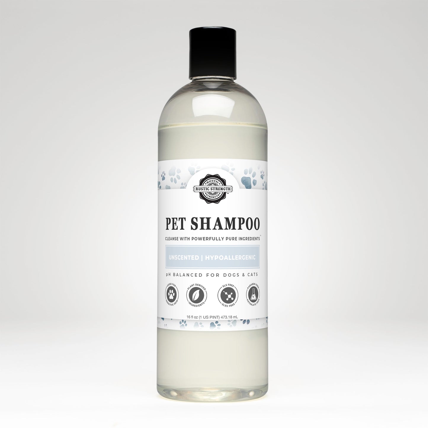 Rustic Strength Pet Shampoo in a 16 oz bottle, soothing and deodorizing pet care product, unscented for gentle cleaning.