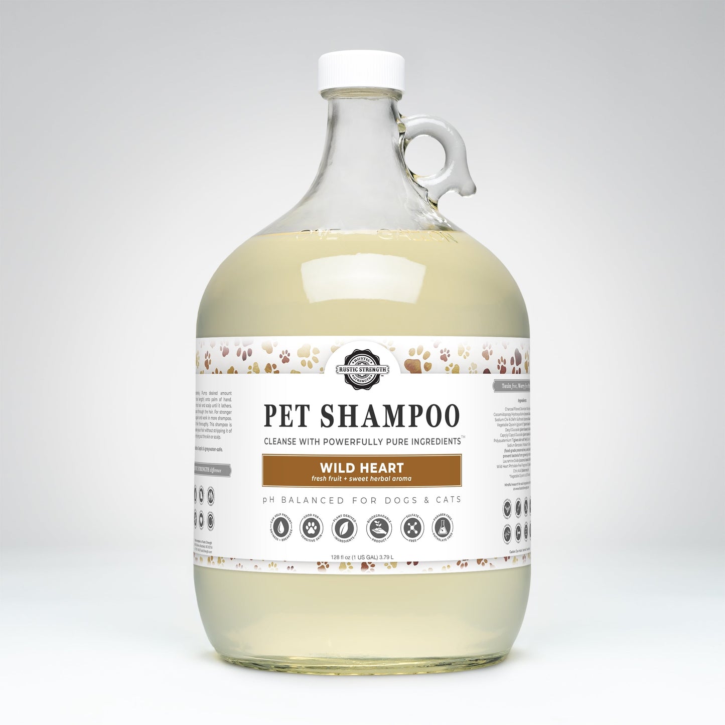 Rustic Strength Wild Heart Pet Shampoo in 16 oz, soothing and deodorizing pet care product showing the bottle and label.