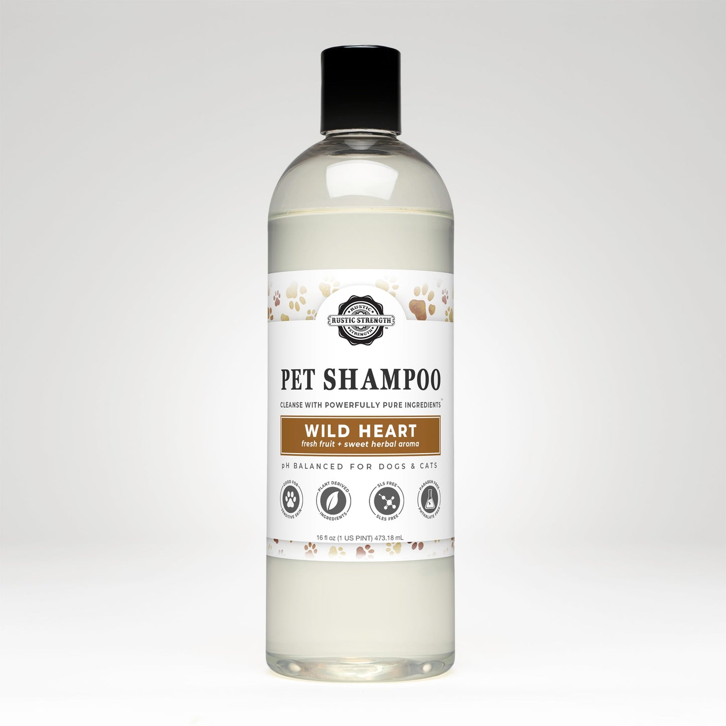 Rustic Strength Wild Heart pet shampoo bottle, soothing and deodorizing pet care product with a 16 oz size.