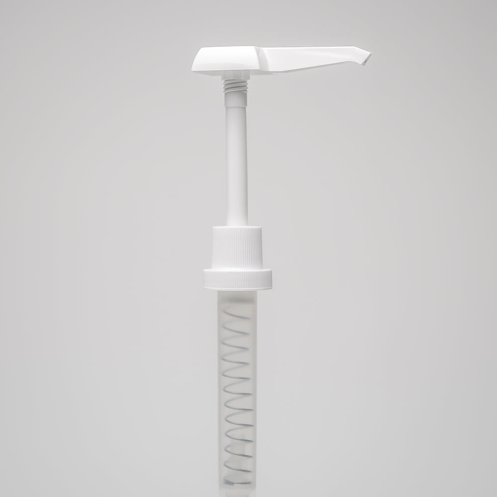 The Rustic Strength 1 Gallon Jug Measuring Pump is a white plastic dispenser with a long clear tube and visible spring, designed for 1-gallon jugs. Photographed on a light gray background, it helps reduce waste.