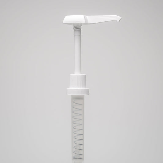 The Rustic Strength 1 Gallon Jug Measuring Pump is a white plastic dispenser with a long clear tube and visible spring, designed for 1-gallon jugs. Photographed on a light gray background, it helps reduce waste.