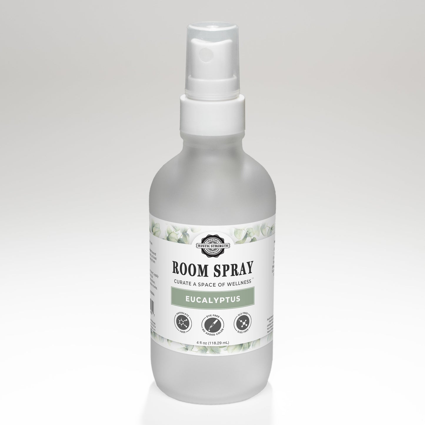 Rustic Strength eucalyptus room spray bottle with a white label, ready to freshen indoor spaces with natural eucalyptus scent.