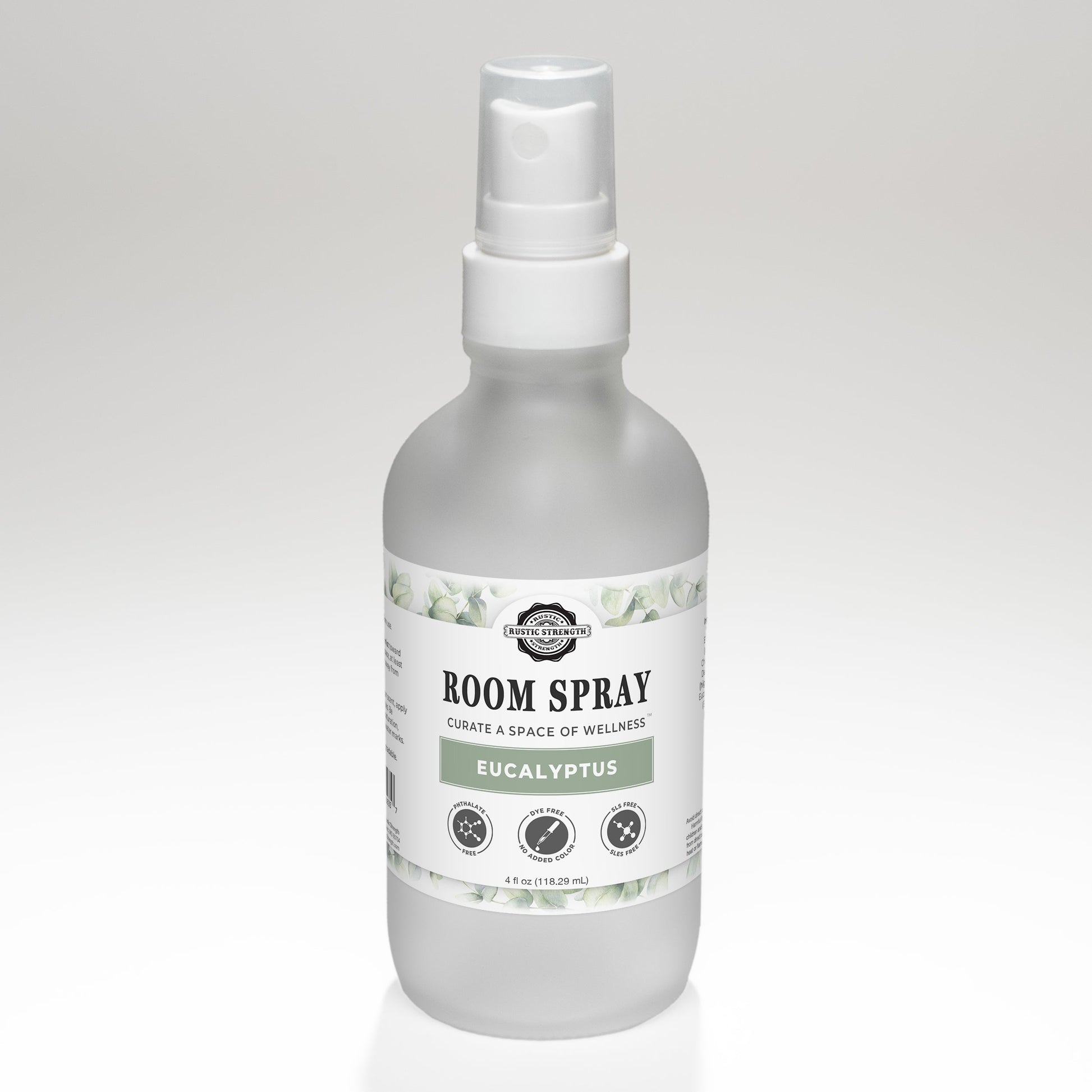 Rustic Strength eucalyptus room spray bottle with a white label, ready to freshen indoor spaces with natural eucalyptus scent.