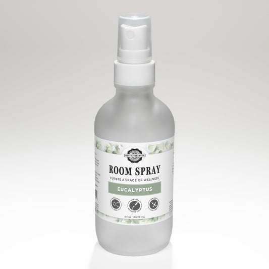 Rustic Strength eucalyptus room spray bottle with a white label, ready to freshen indoor spaces with natural eucalyptus scent.