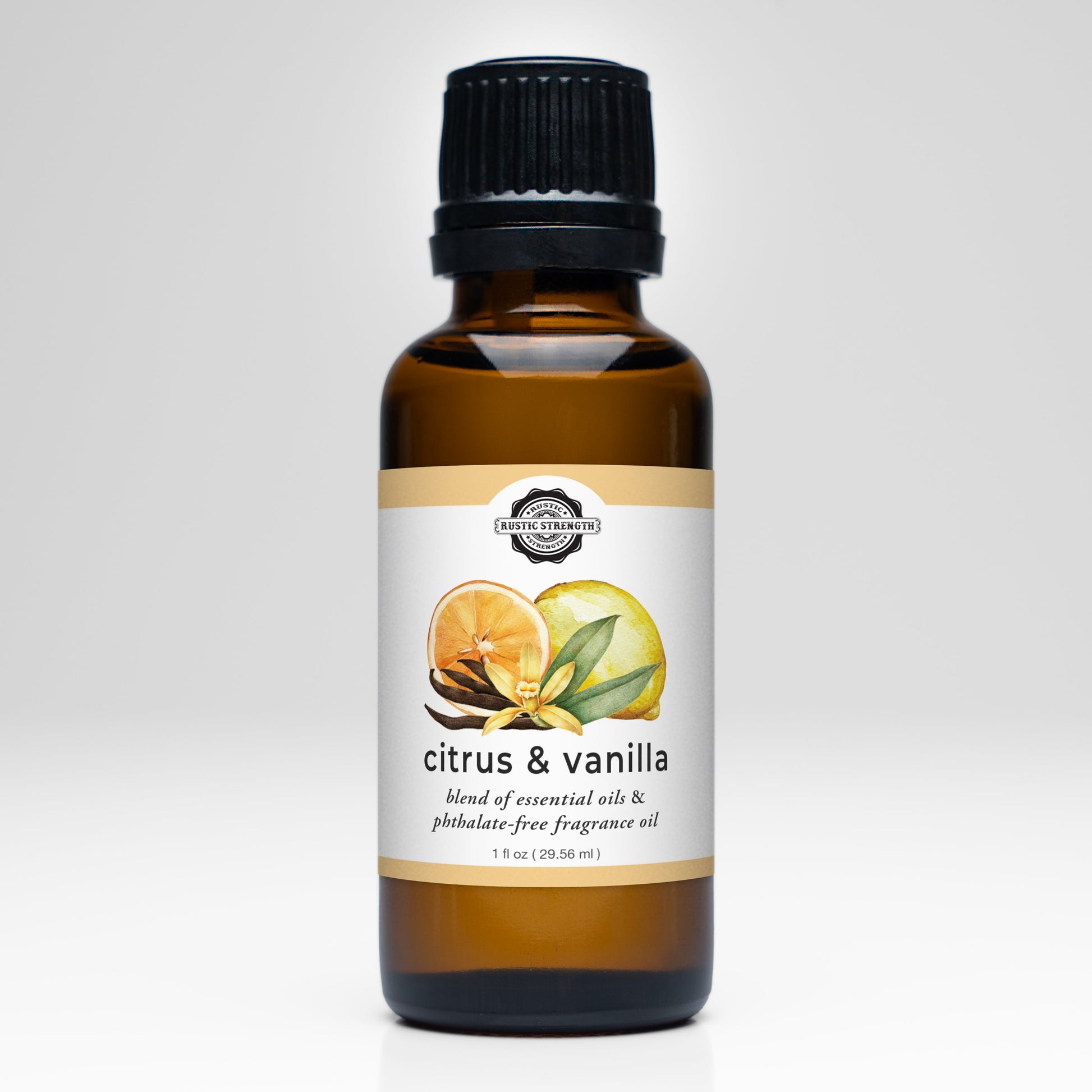 Rustic Strength’s Citrus & Vanilla EO / FO Blend comes in an amber glass bottle with a black cap. The label shows orange, lemon, and vanilla pod illustrations. Contains essential oils and phthalate-free fragrance oil; perfect for aromatherapy.